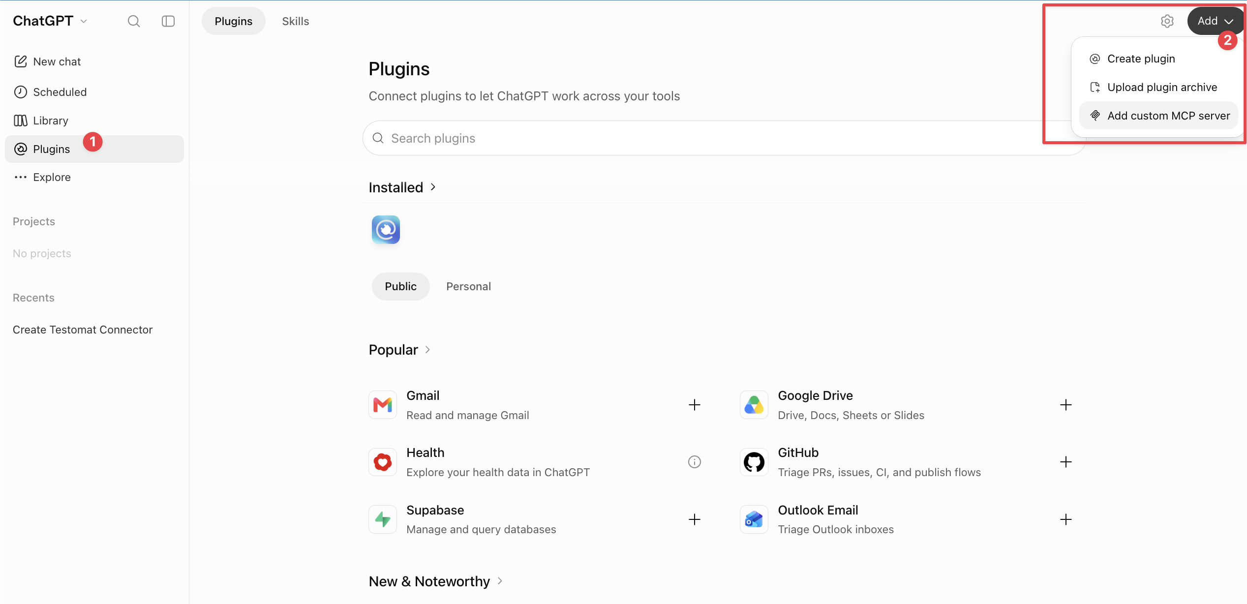 The Plugins page in ChatGPT with Add custom MCP server open under the Add button