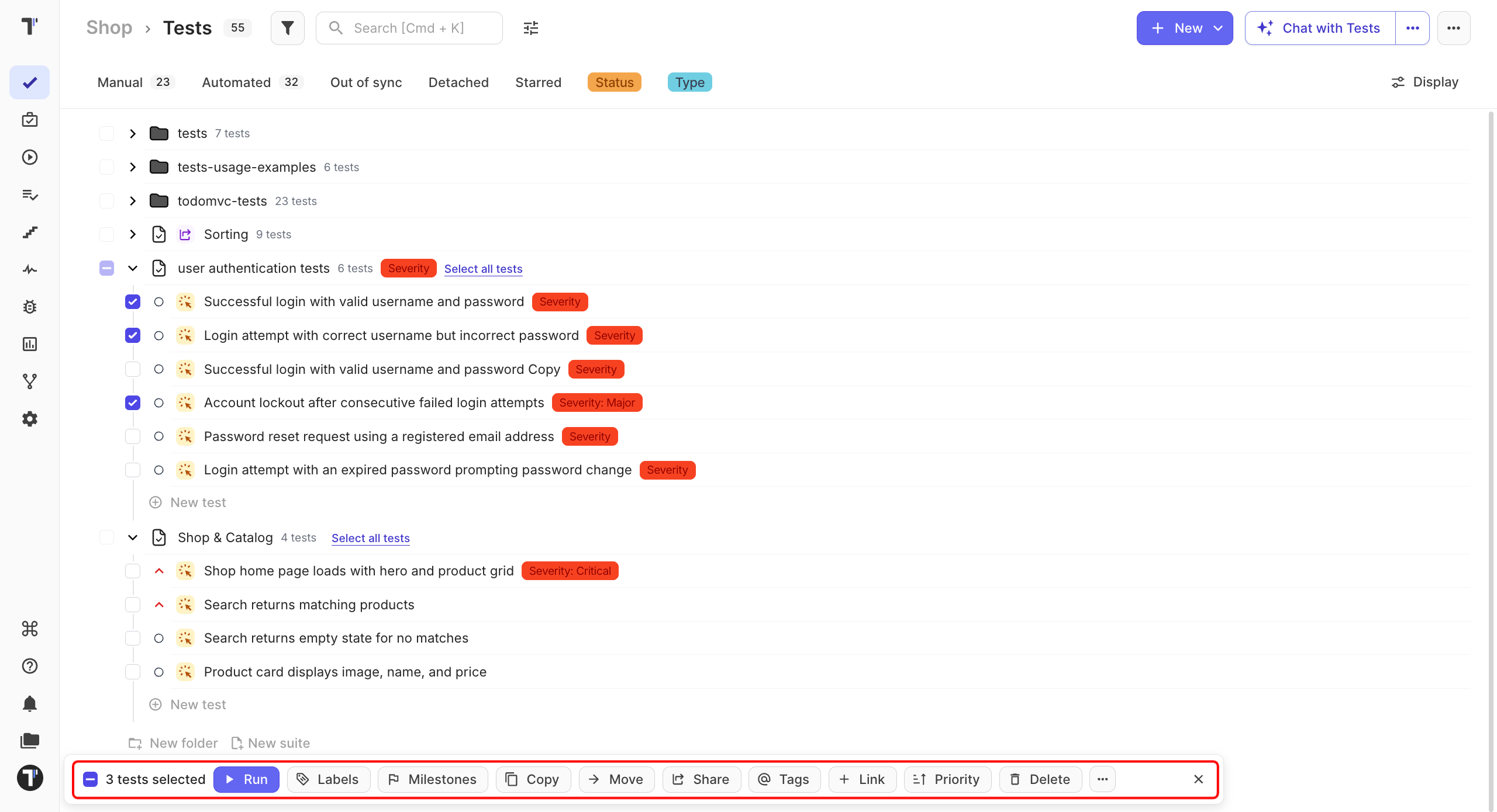 The bulk actions panel at the bottom of the Tests page with three tests selected