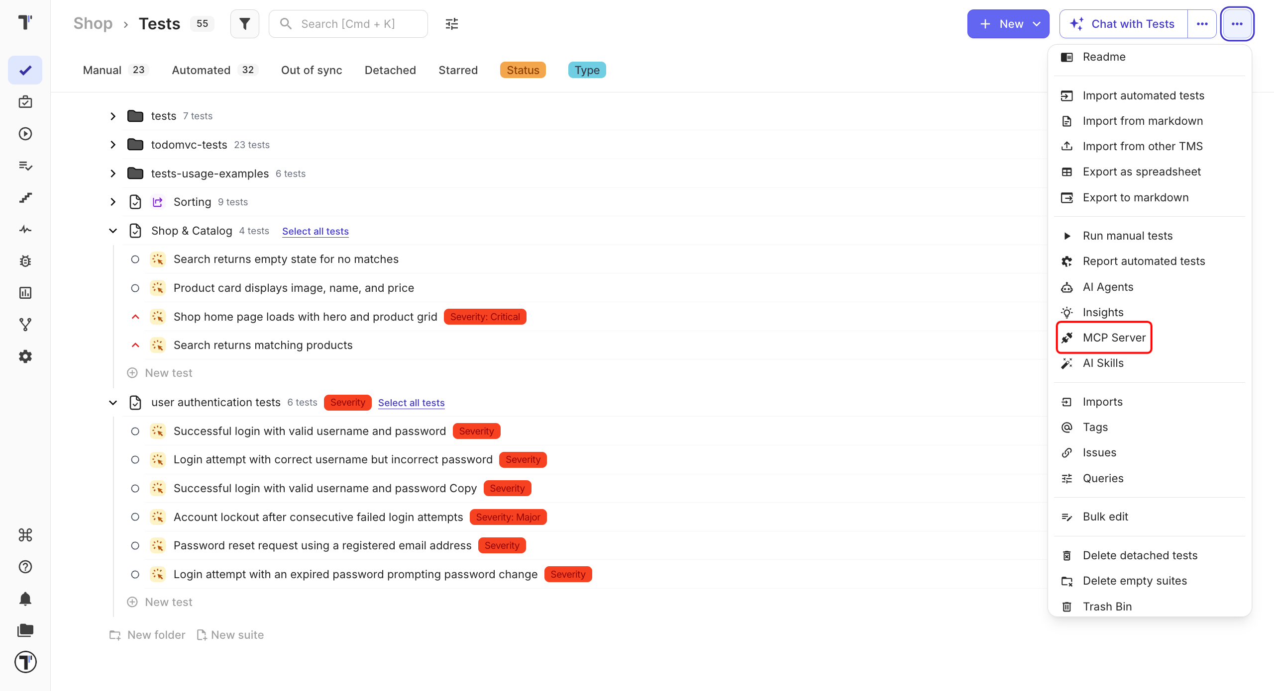 The ⋯ menu on the Tests page, with MCP Server between Insights and AI Skills