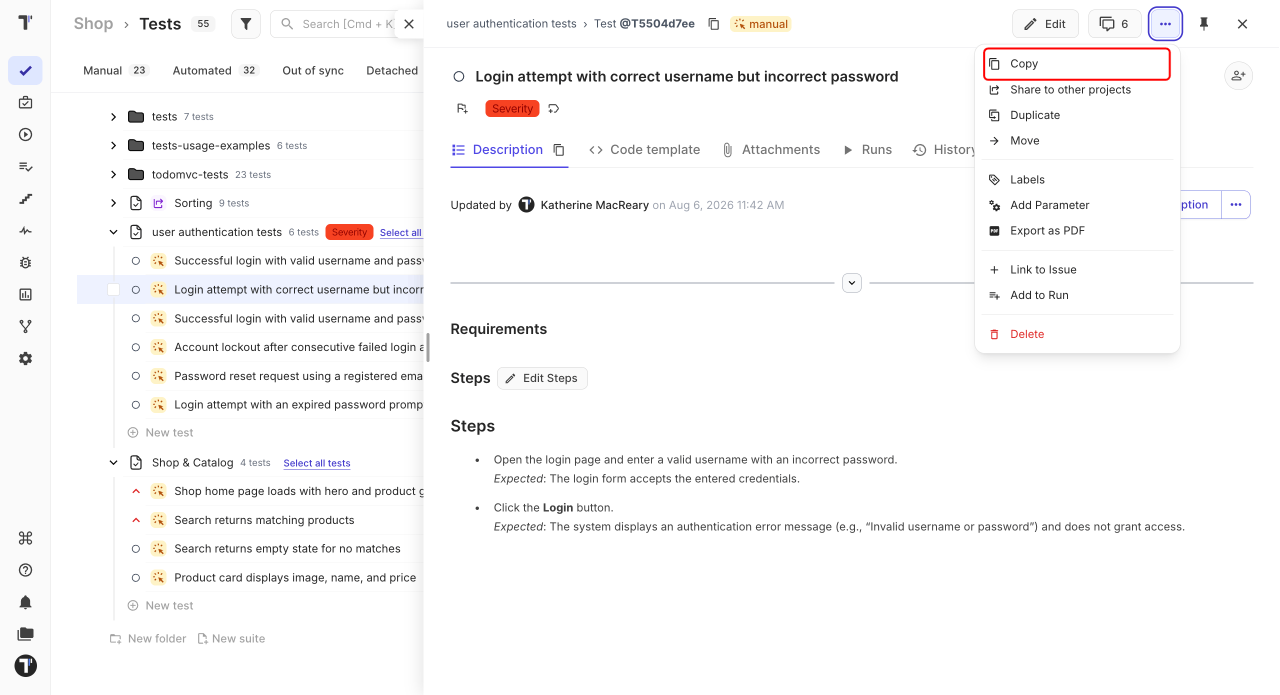 The actions menu open on a test, with Copy at the top