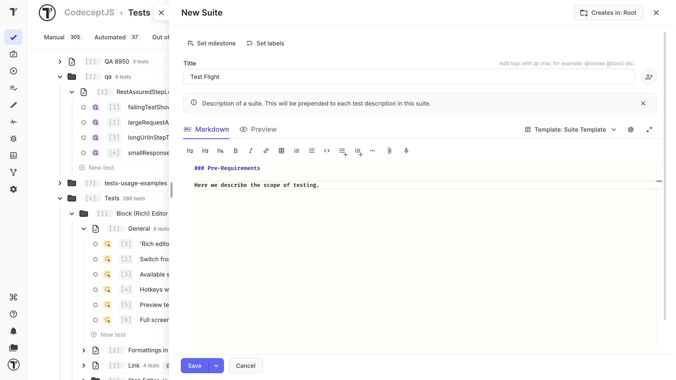 The new suite dialog with the name field and the suite or folder type selector
