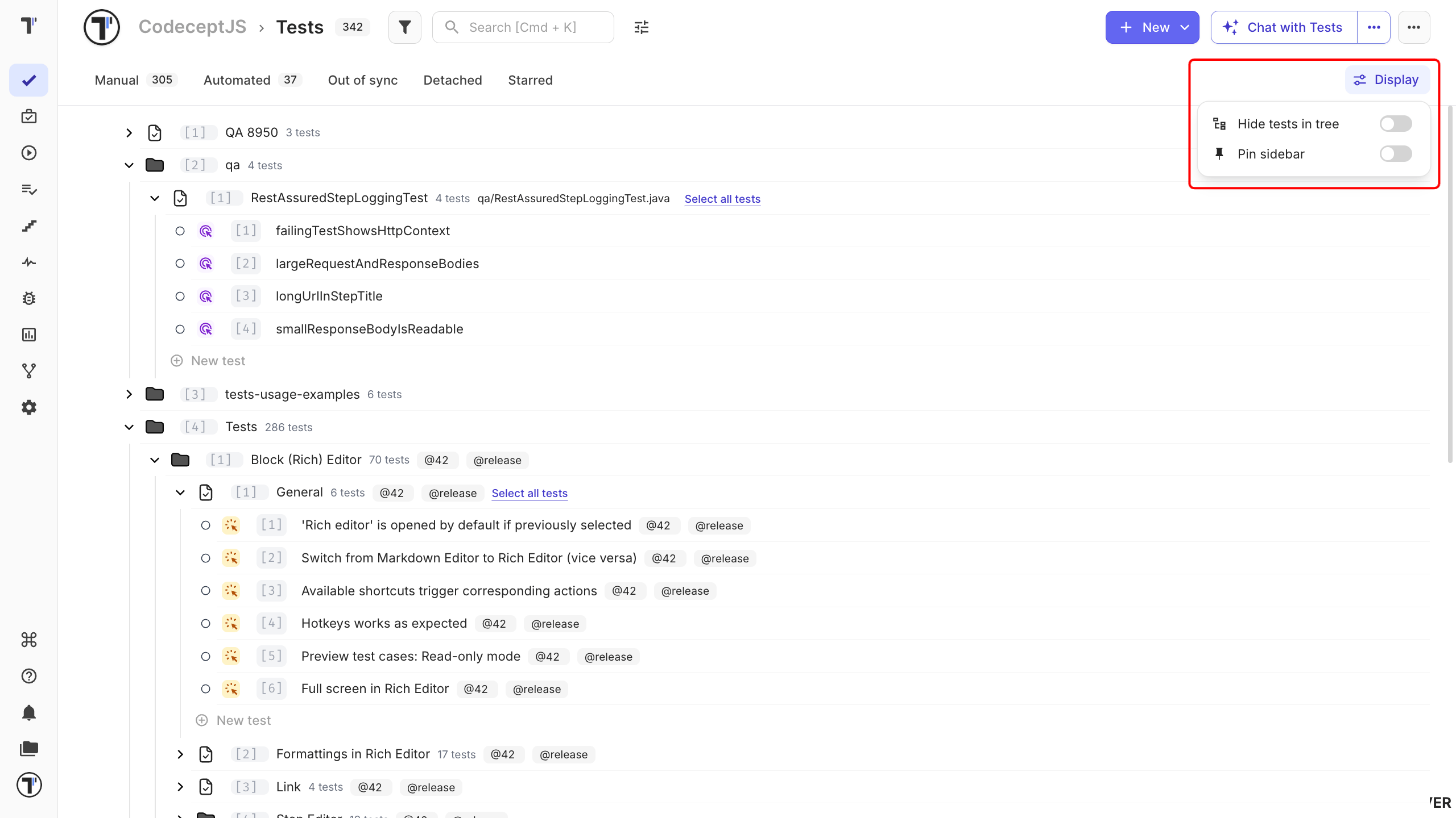 The Display menu with the Hide tests in tree and Pin sidebar toggles
