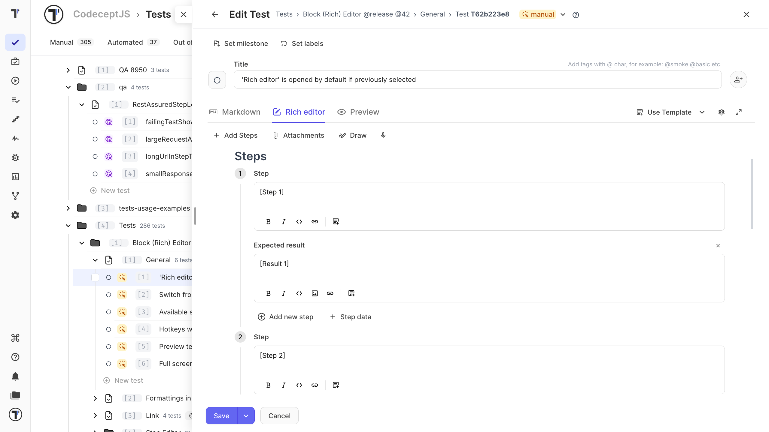 The Rich editor with a step and its expected result in separate fields