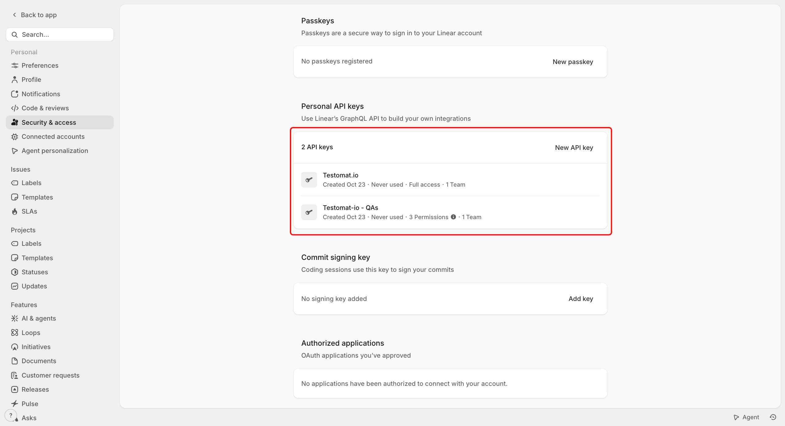 The Personal API keys section in Linear with the New API key button