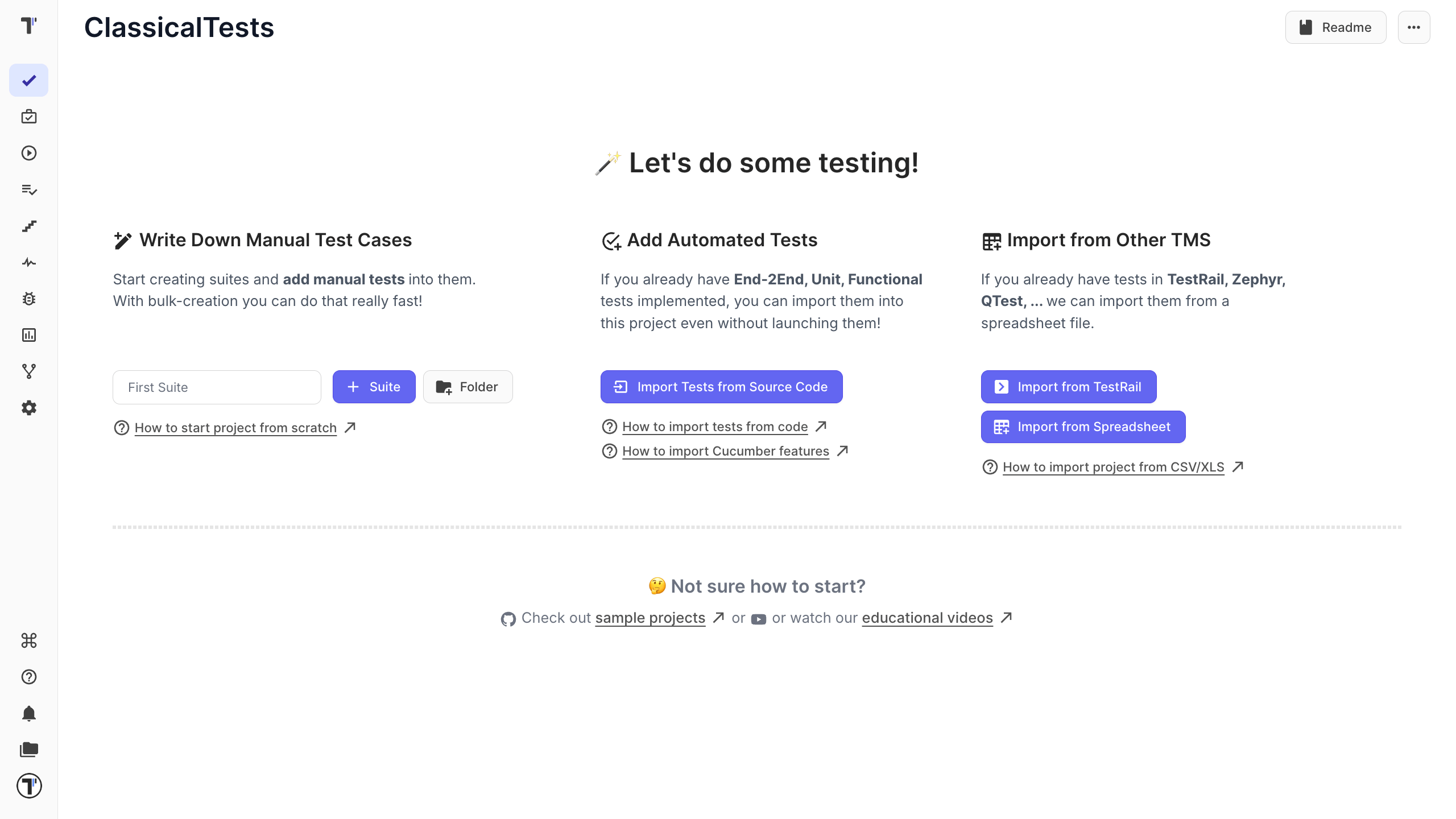 The three start options on a new project: create a suite, import from source code, import from CSV