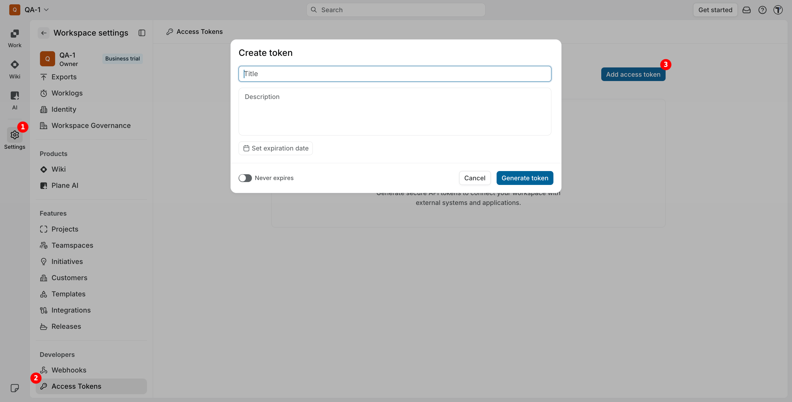The Create token window in Plane, opened from Workspace settings → Access Tokens