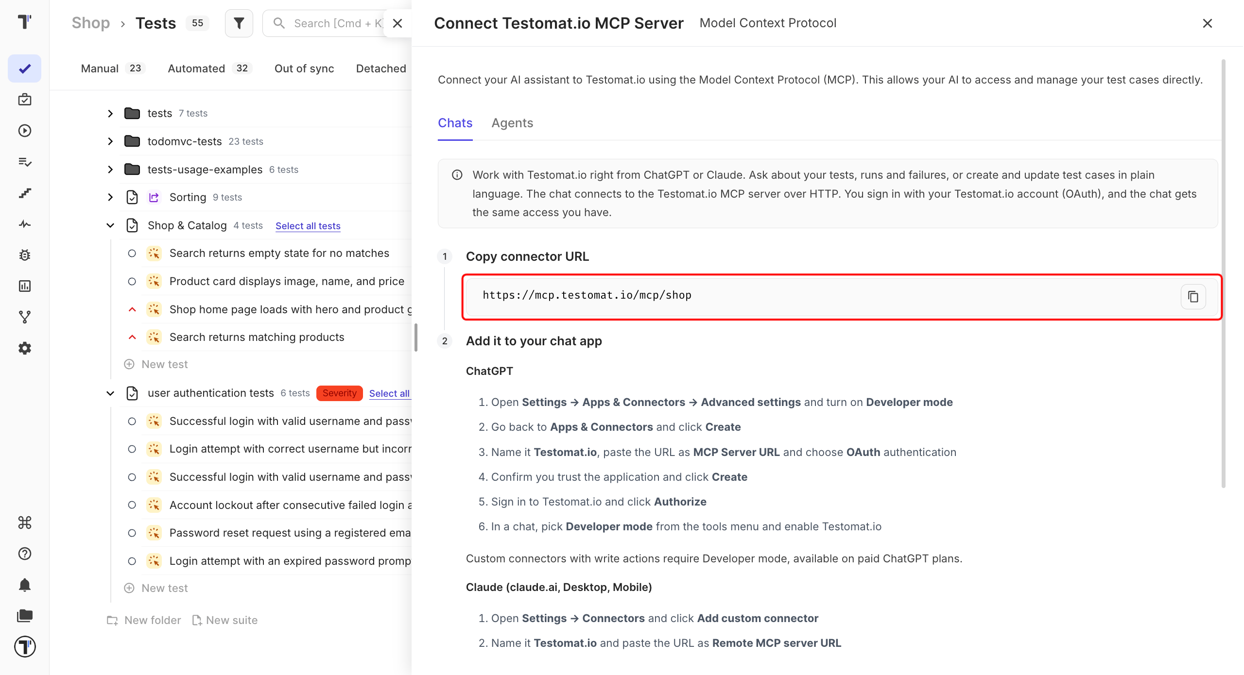 The Connect Testomat.io MCP Server window with the connector URL and the copy icon
