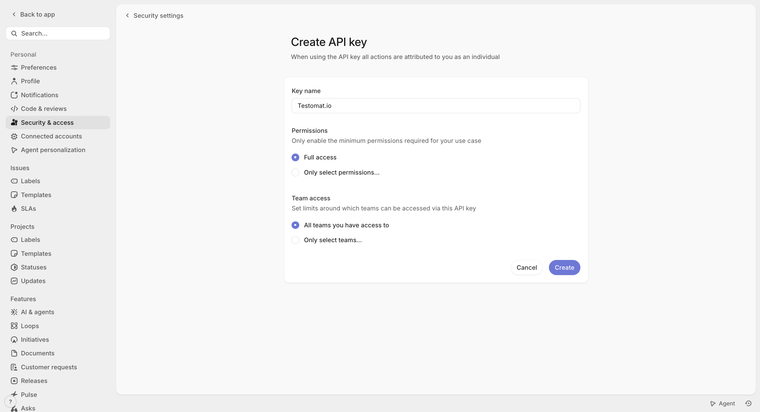 The Create API key form in Linear with Key name, Permissions, and Team access