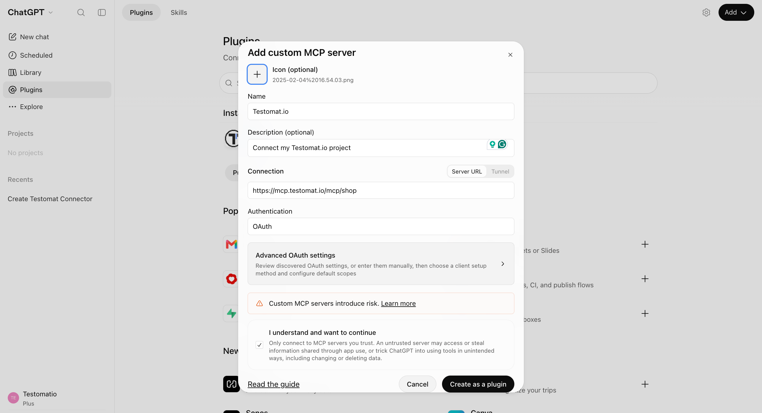 The Add custom MCP server window with the name, connector URL, and OAuth authentication filled in