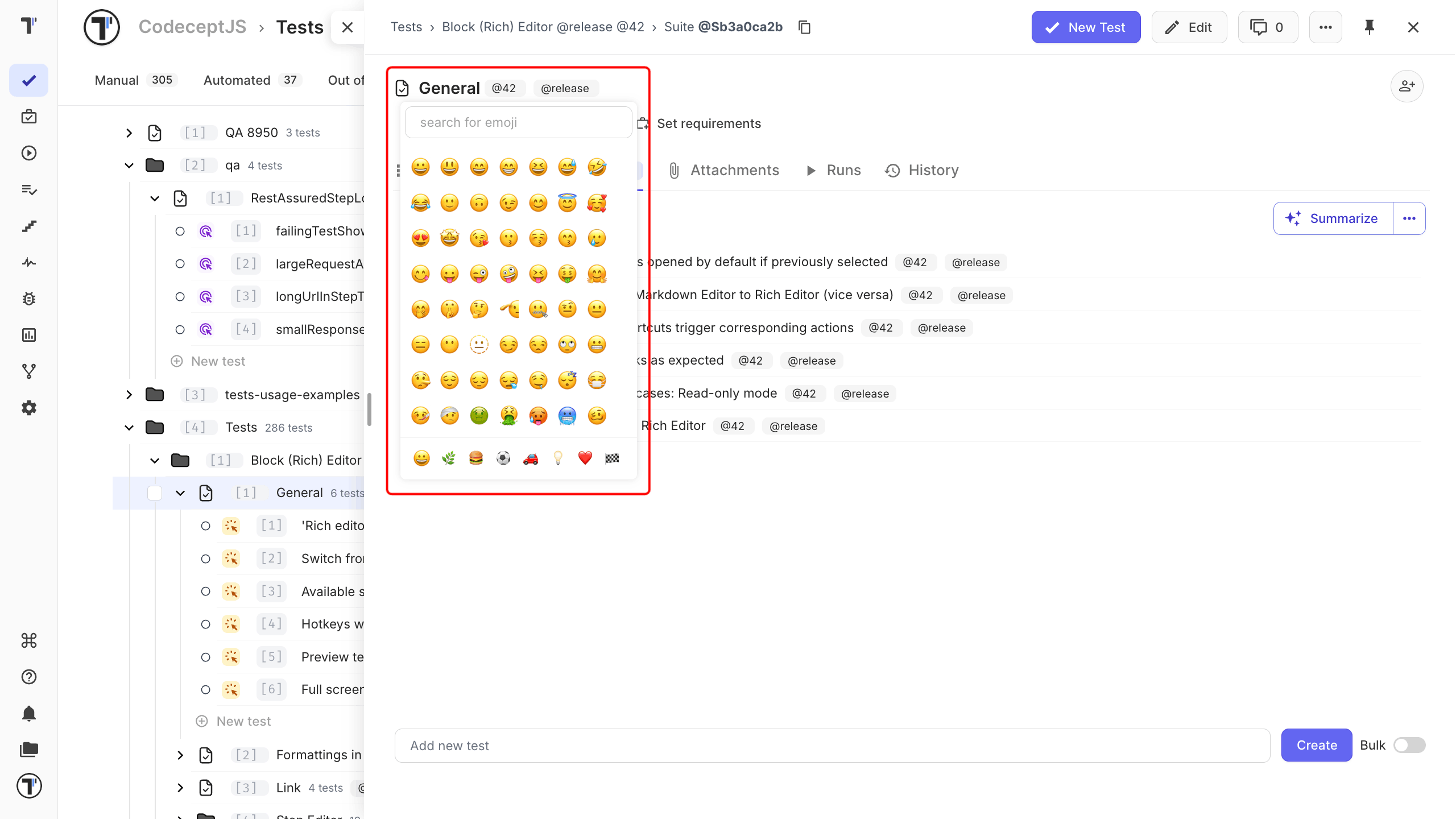 The emoji picker open on a suite