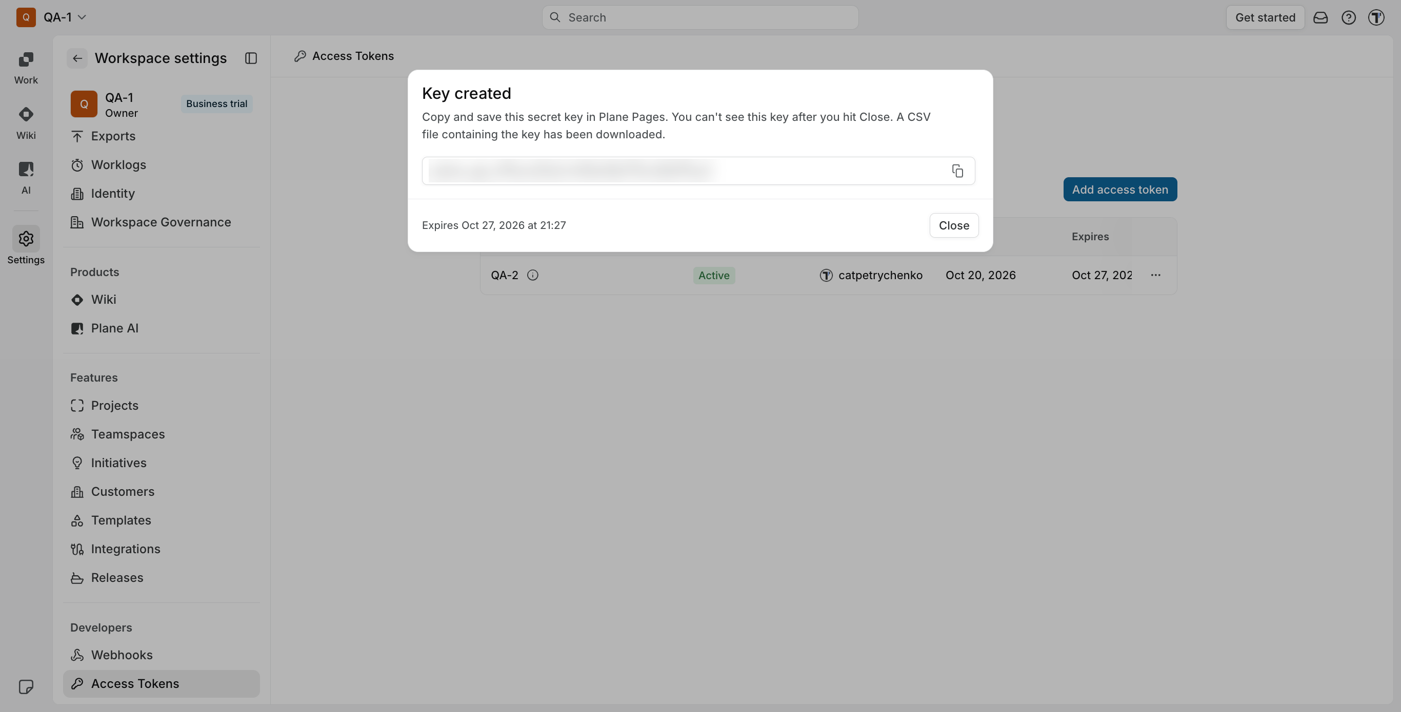 The Key created window in Plane with the new access token and the copy button