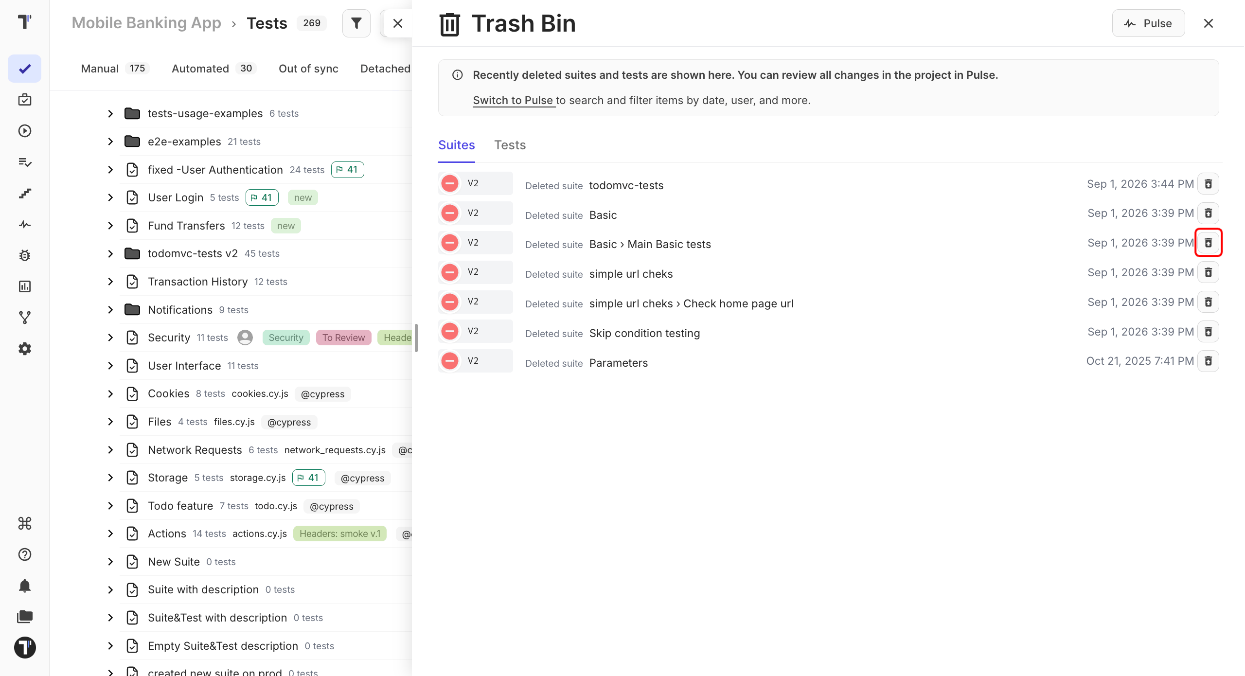 Trash Bin with the Restore button next to a deleted test