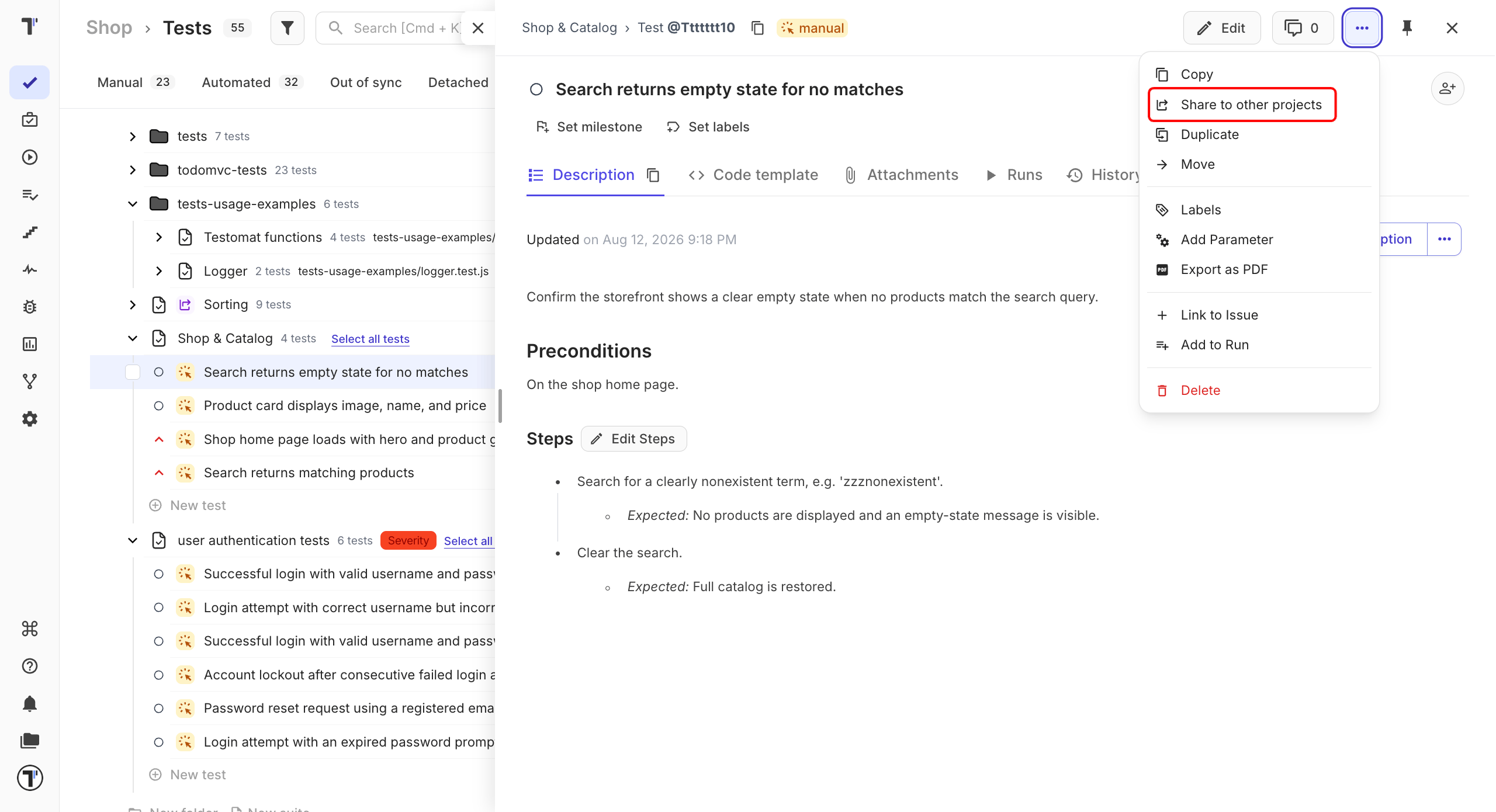 Share with other projects option in a test