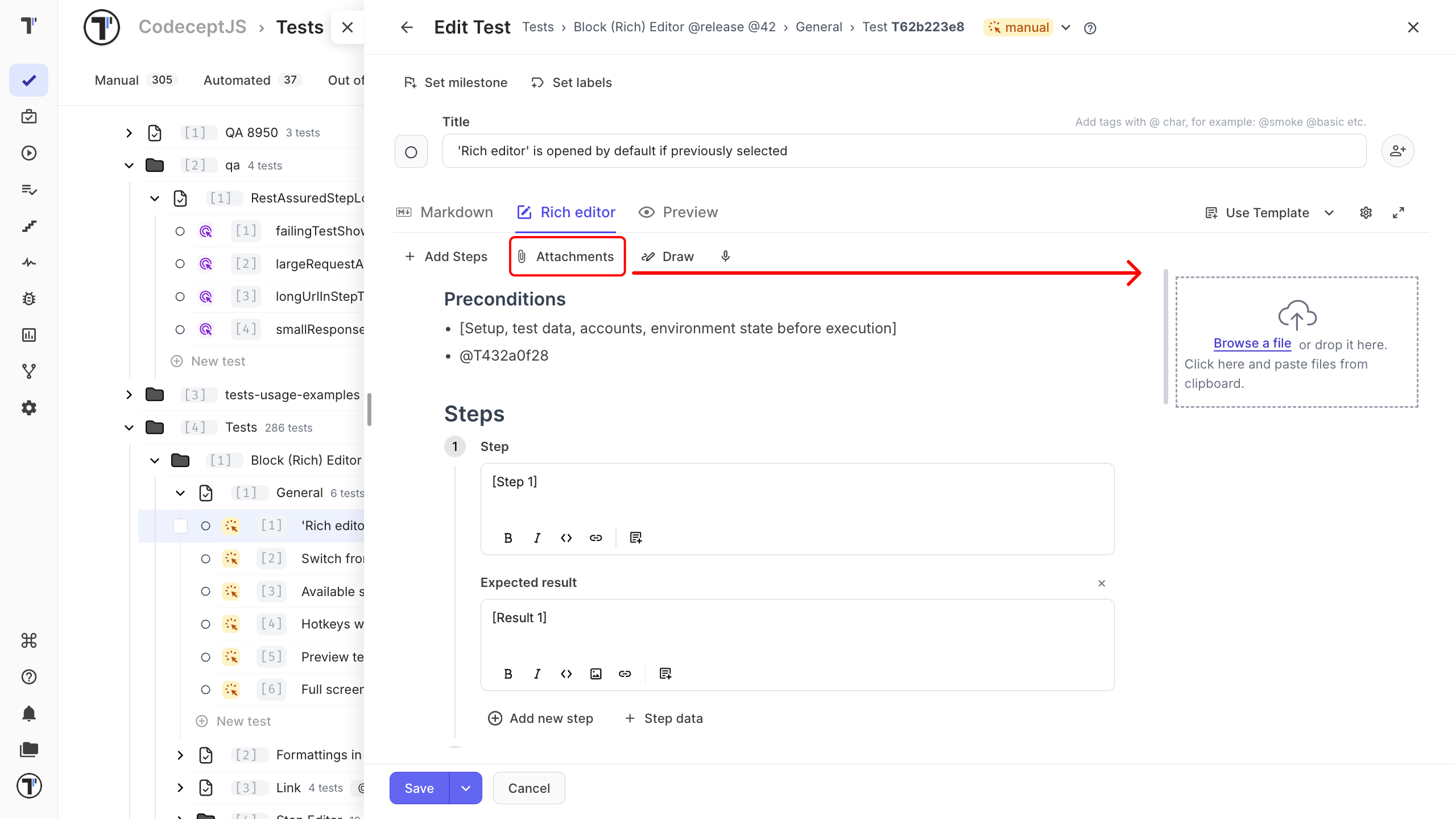 The attachment dialog open inside the test editor