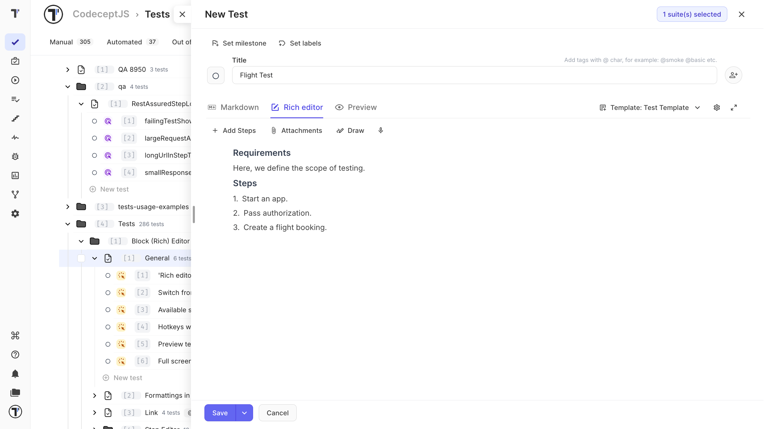 The test editor with the title field filled in and a description below it