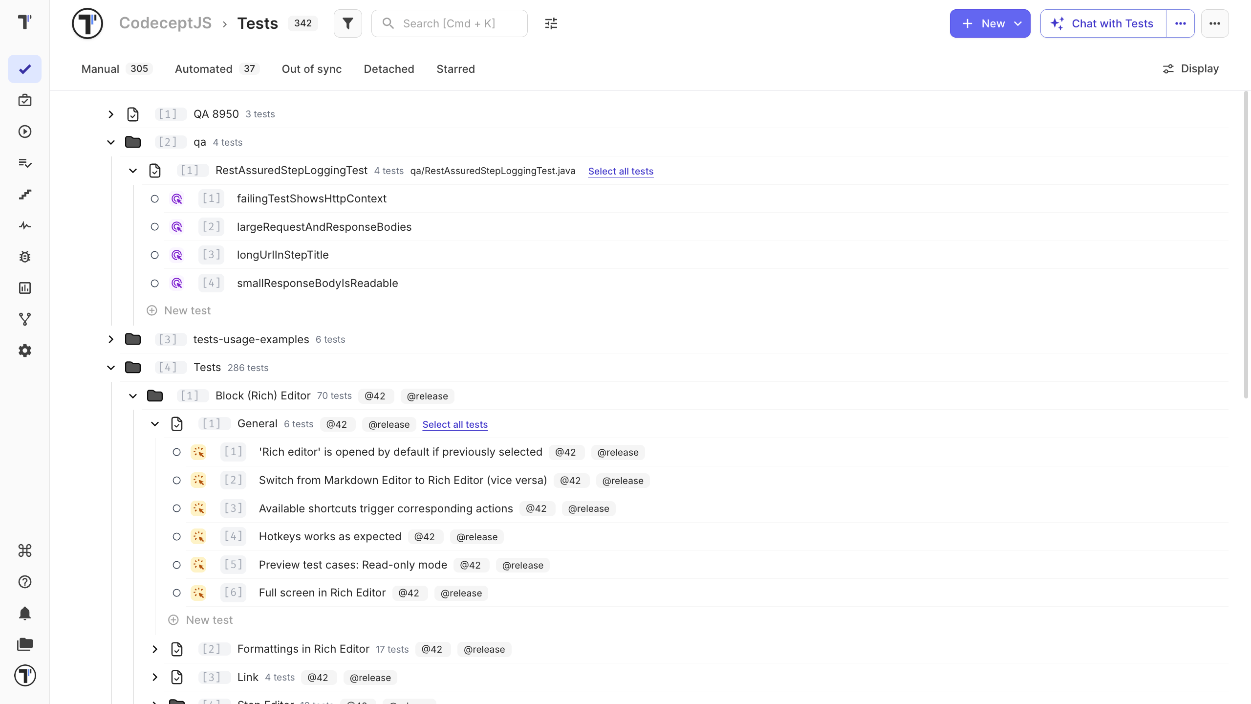 The test tree with every test listed inside its suite