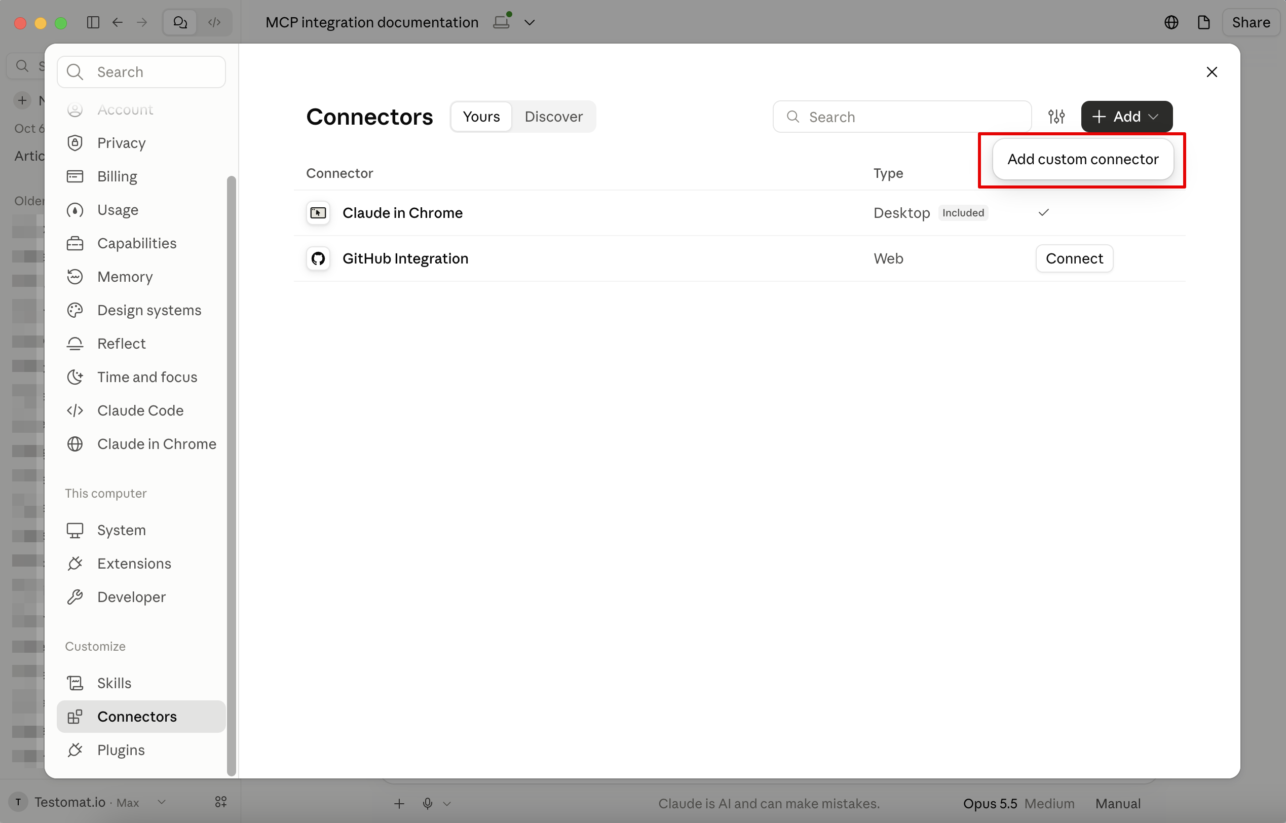 The Connectors page in Claude settings with Add custom connector open under the Add button