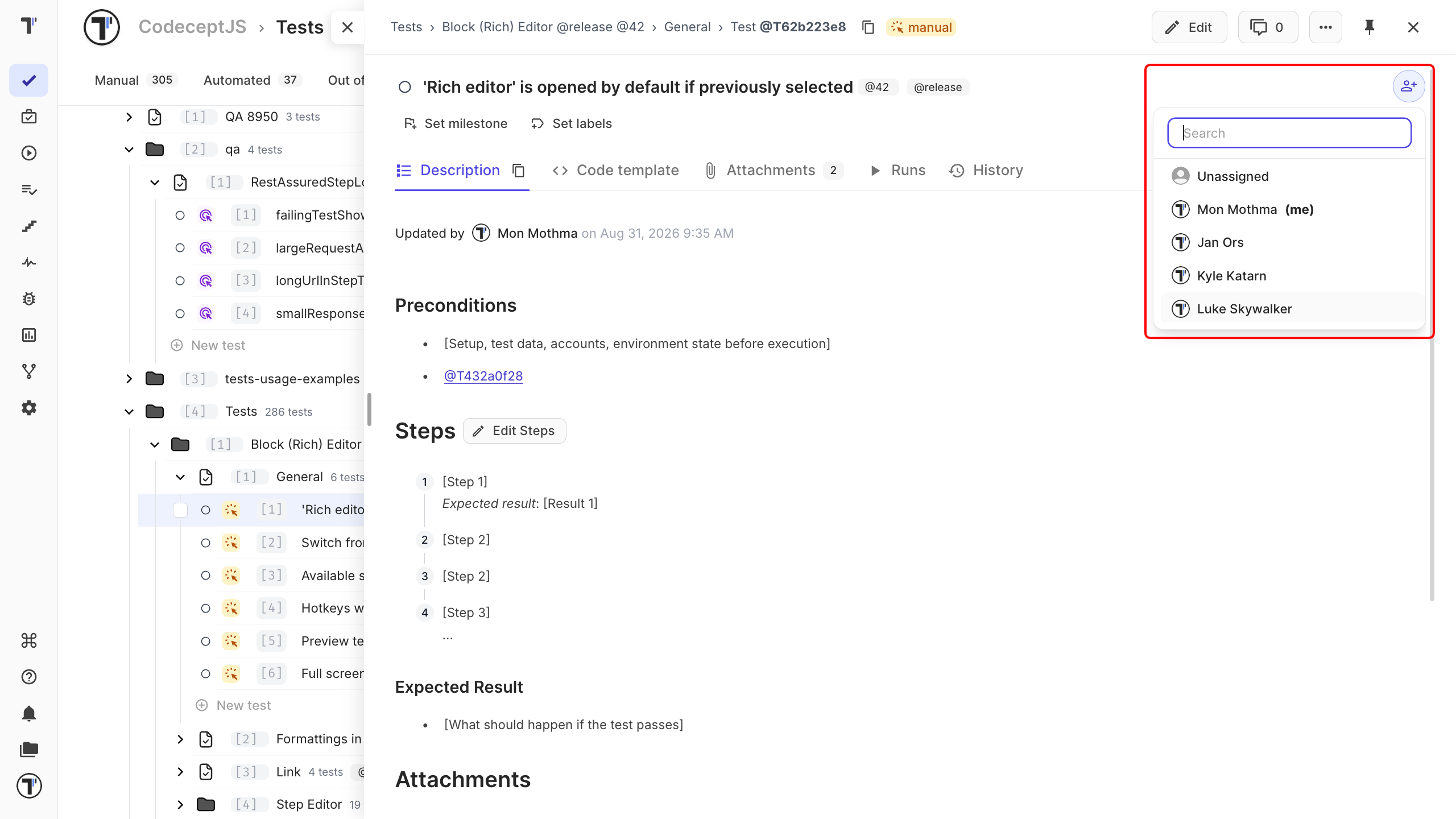 The list of project users in the assign dropdown
