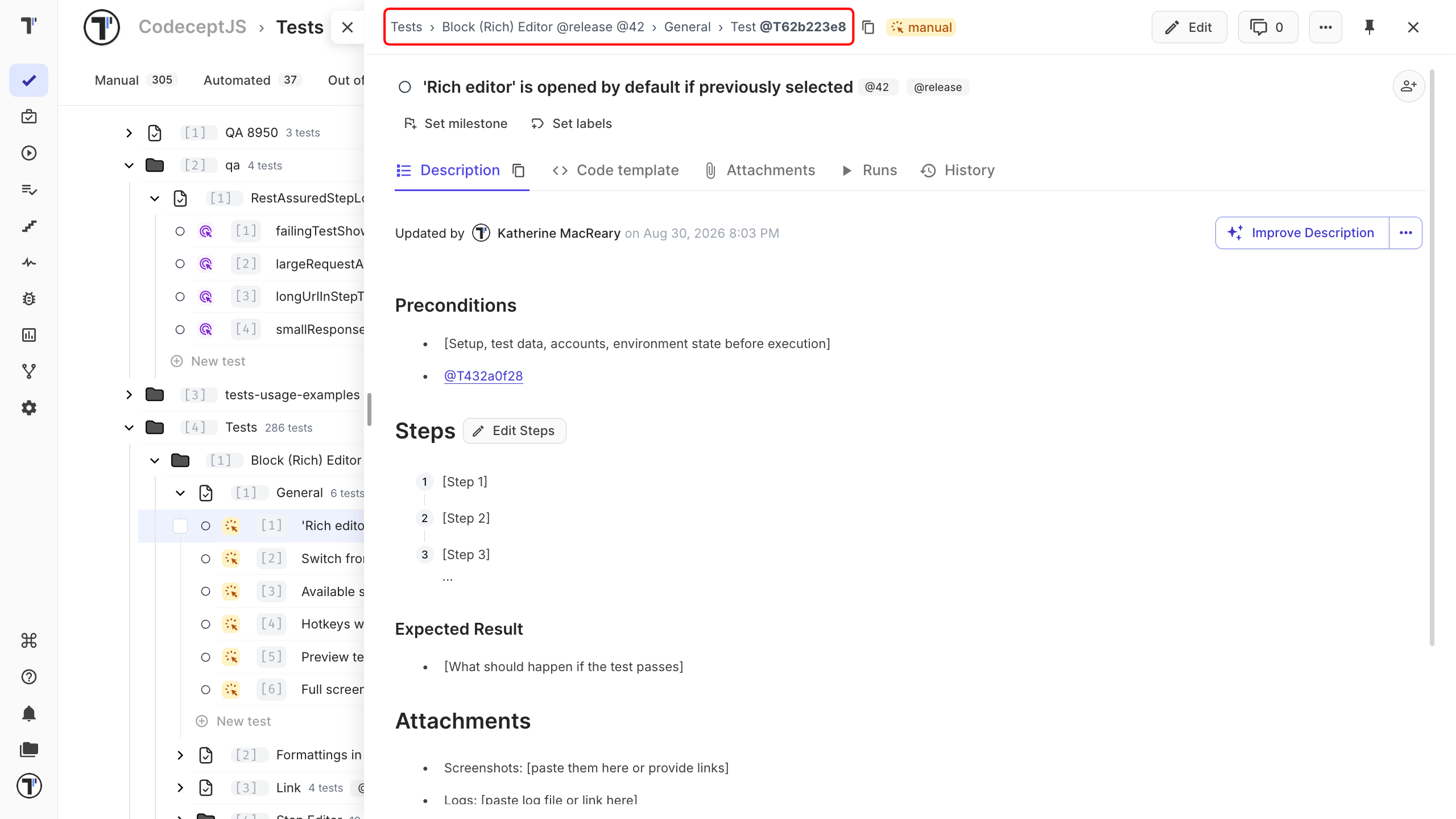 Breadcrumbs above a nested test, with a tooltip showing the full suite name