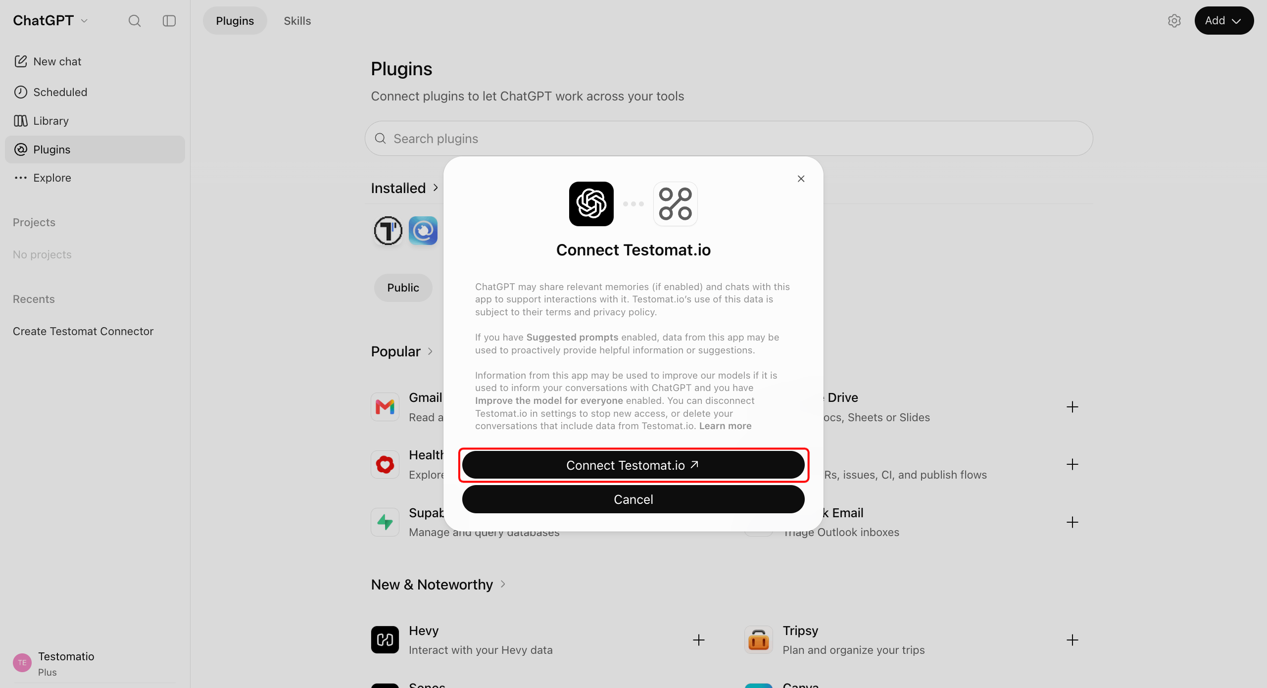 The Connect Testomat.io window in ChatGPT with the Connect Testomat.io button