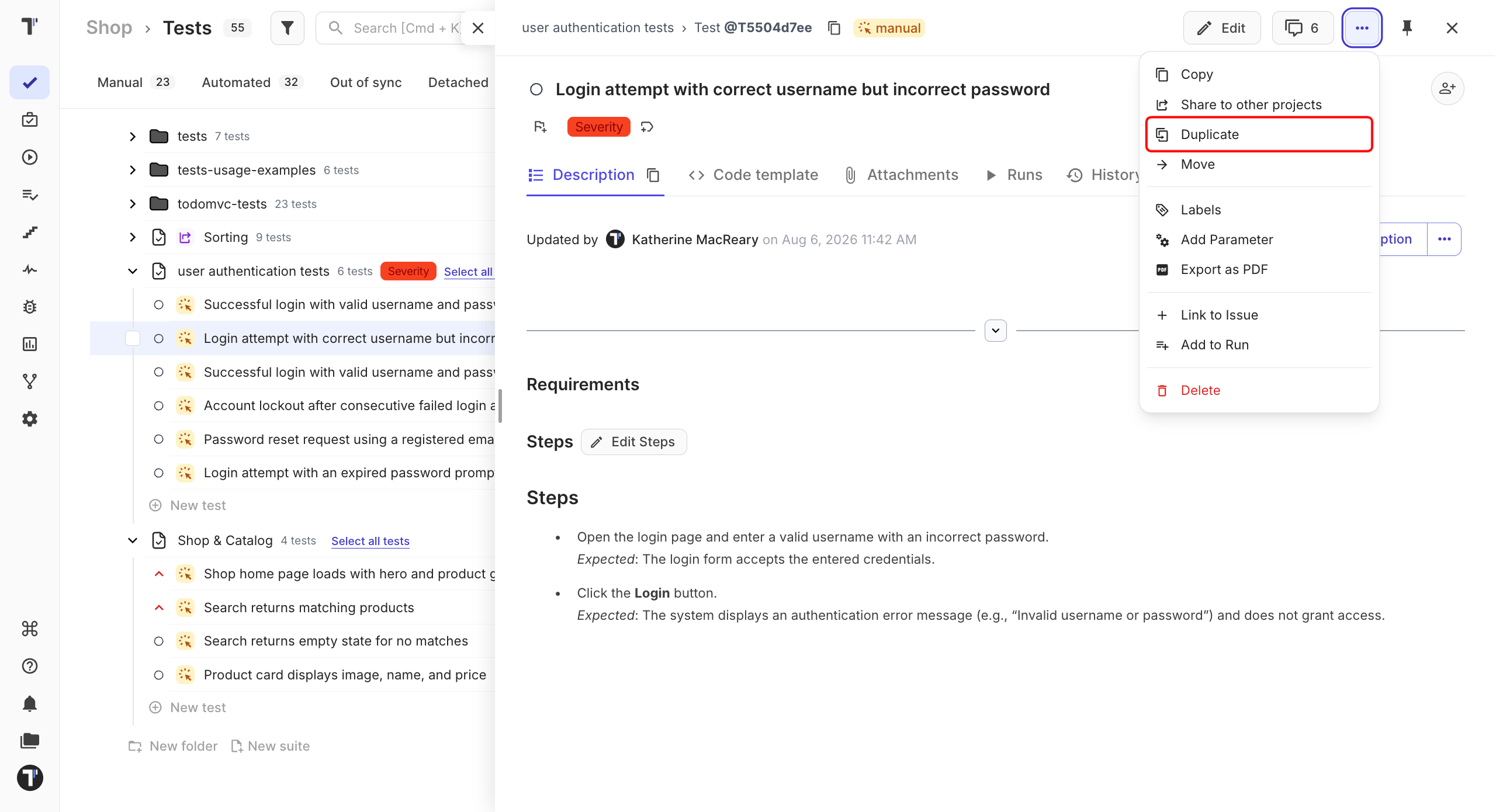 The actions menu open on a test, with Duplicate highlighted