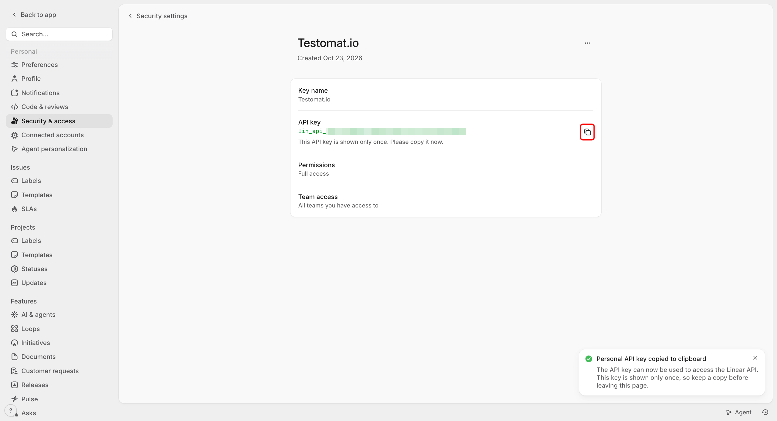 The new Linear API key with the copy icon