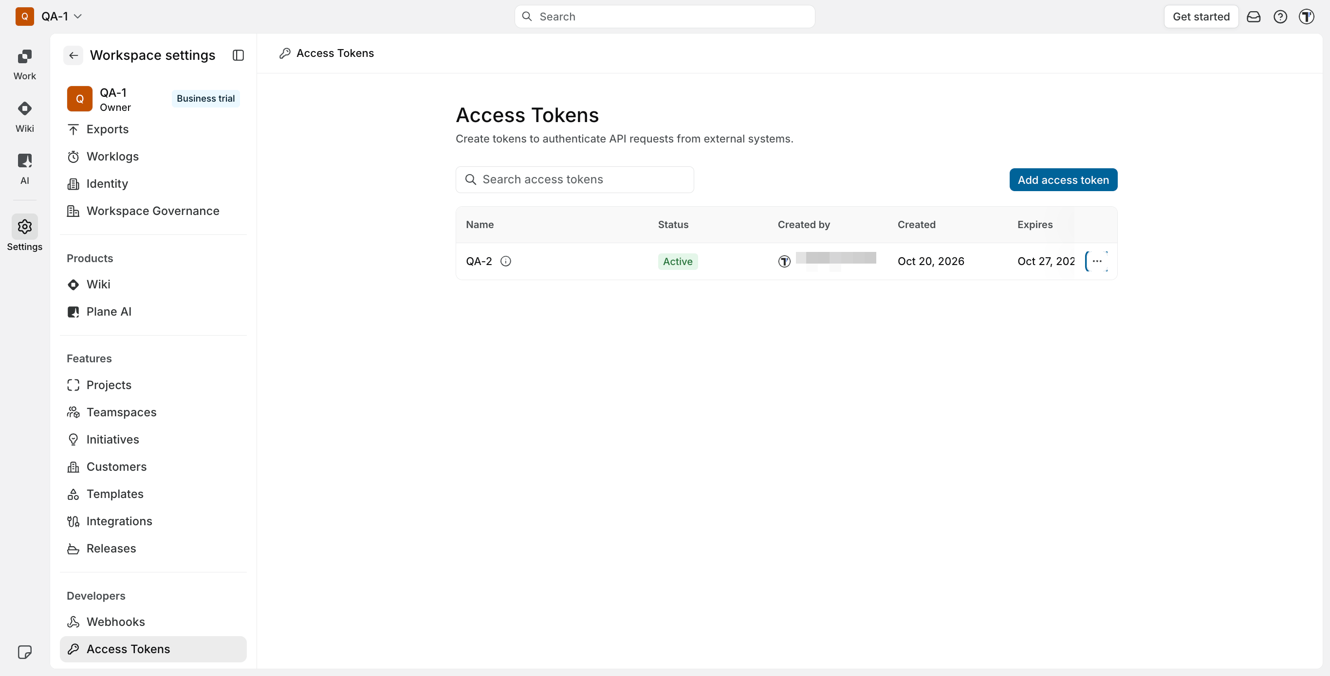 The Access Tokens list in Plane with the new token marked Active
