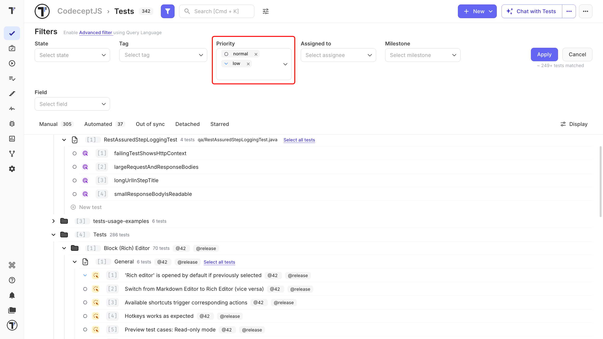 The Tests page filter panel with priority levels selected