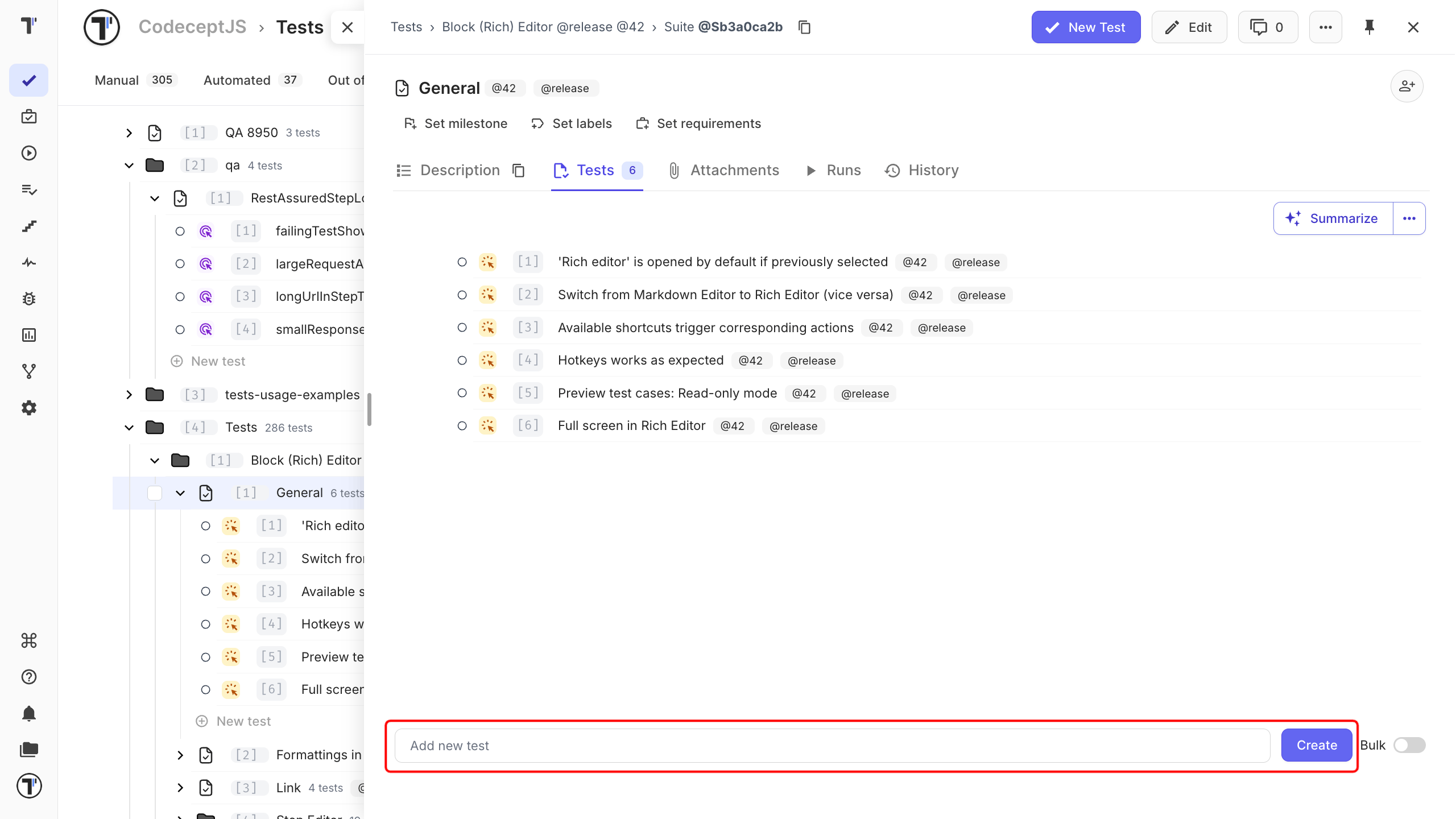 Creating a test straight from the title field with the Create button