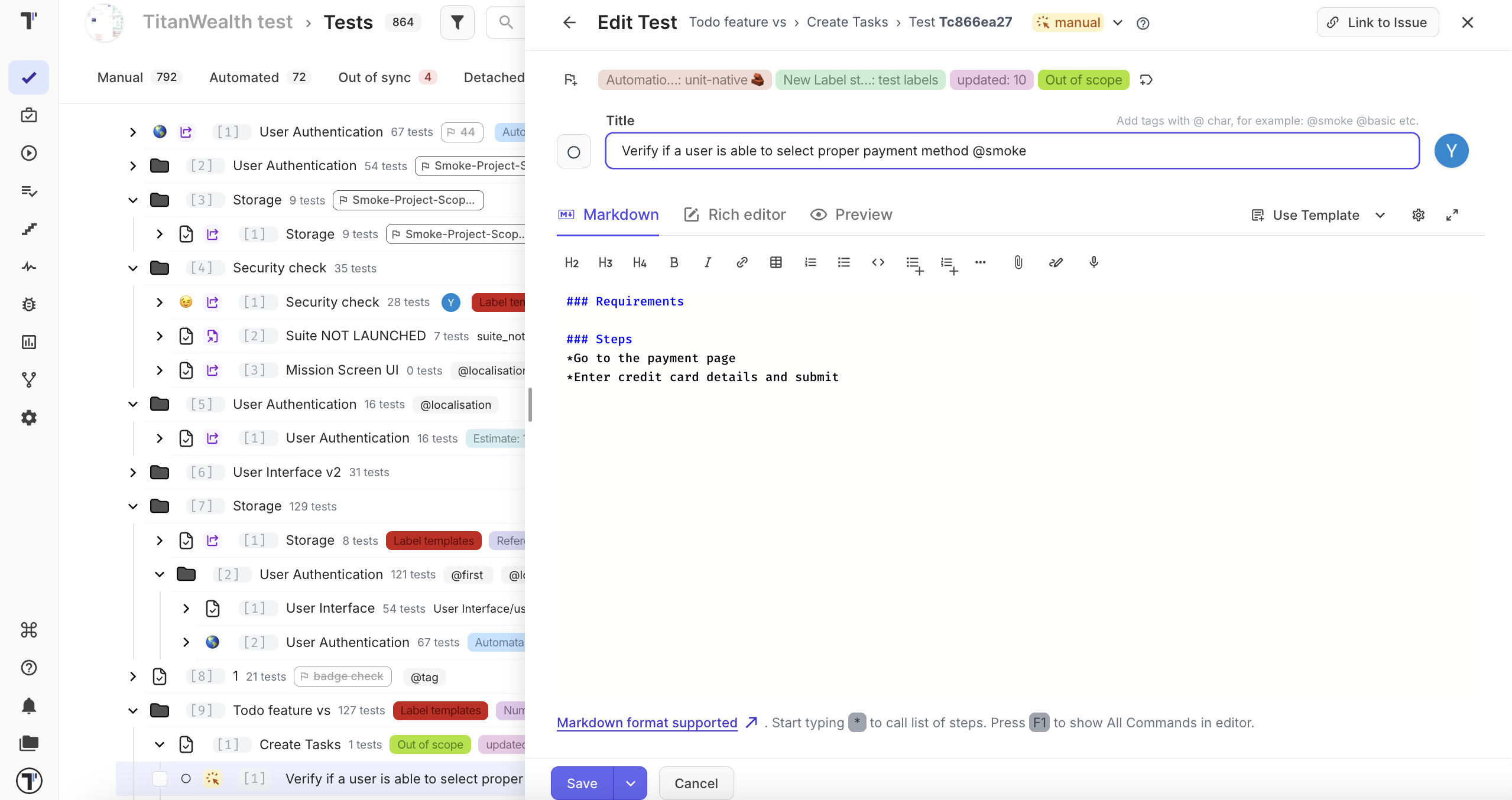 The Edit Test window with the title, editor tabs, formatting toolbar, and Save button