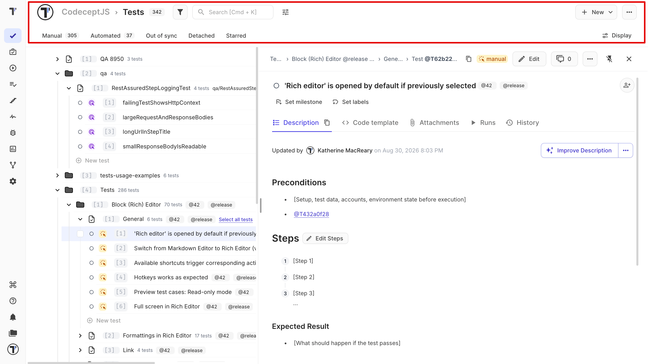 The pinned sidebar: the test tree on the left, the test details on the right, and the toolbar still at the top