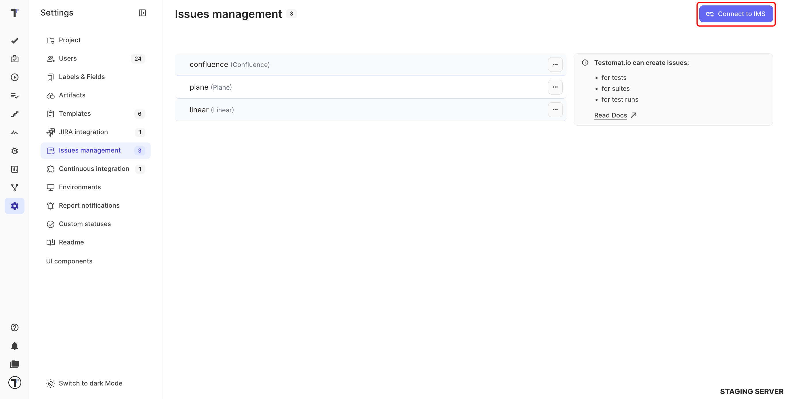 Issues management page in Settings with the Connect to IMS button
