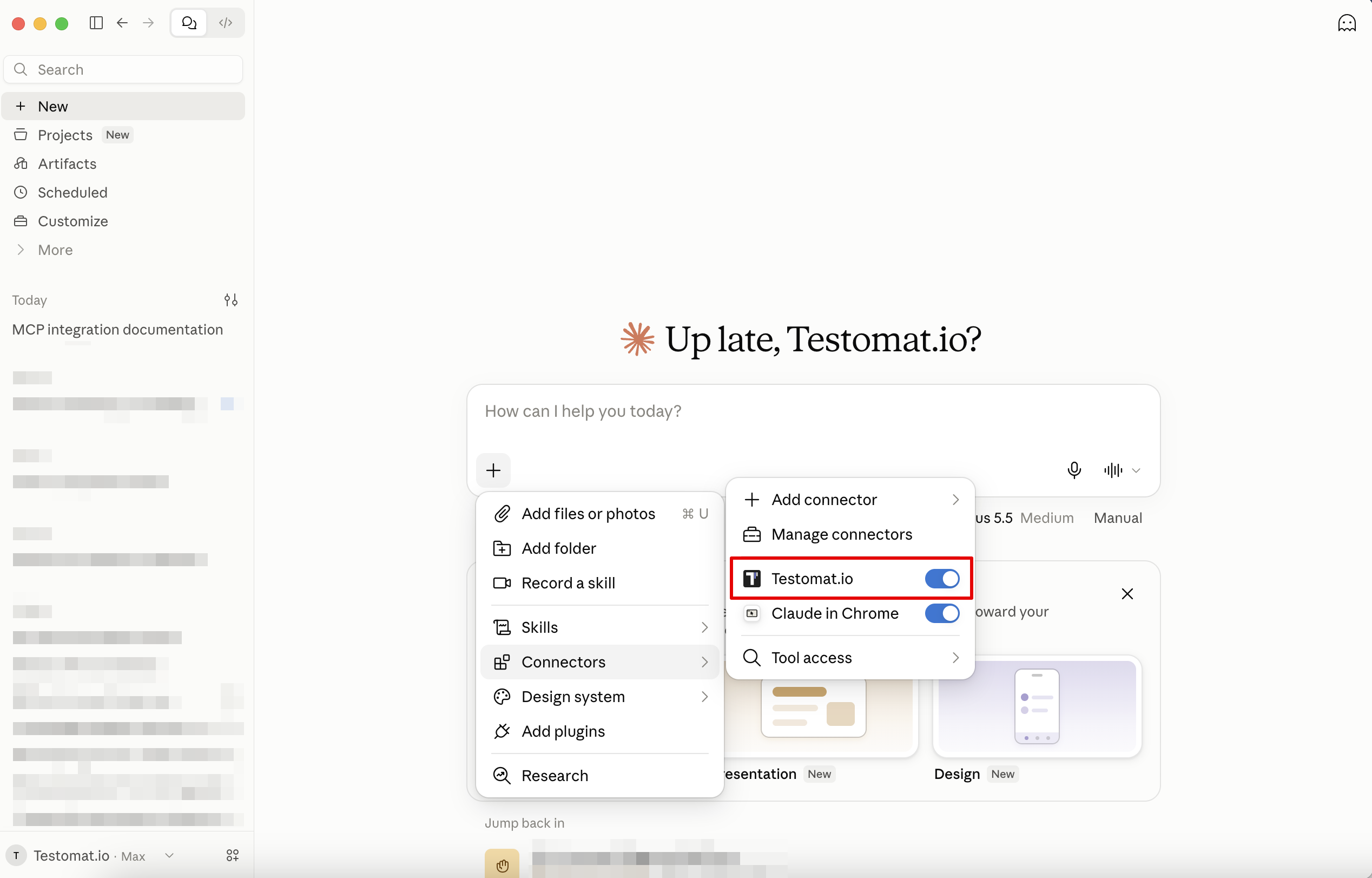 The tools menu in a Claude chat with the Testomat.io connector enabled