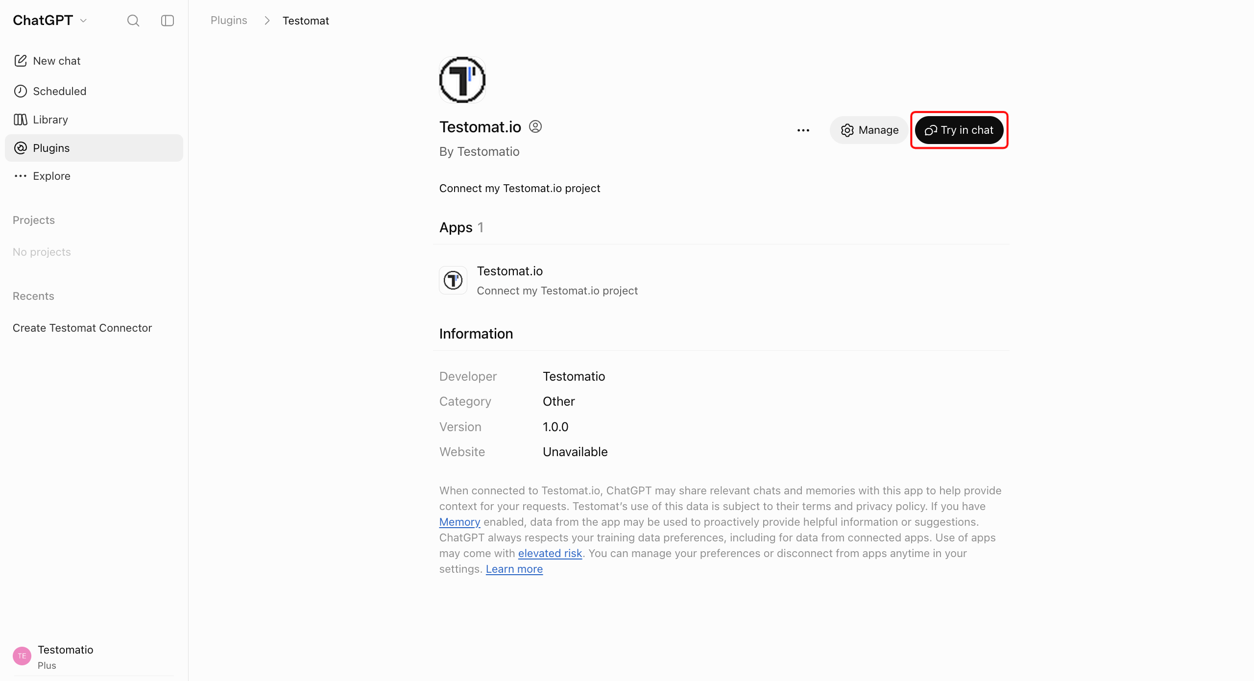 The Testomat.io plugin page in ChatGPT with the Try in chat button