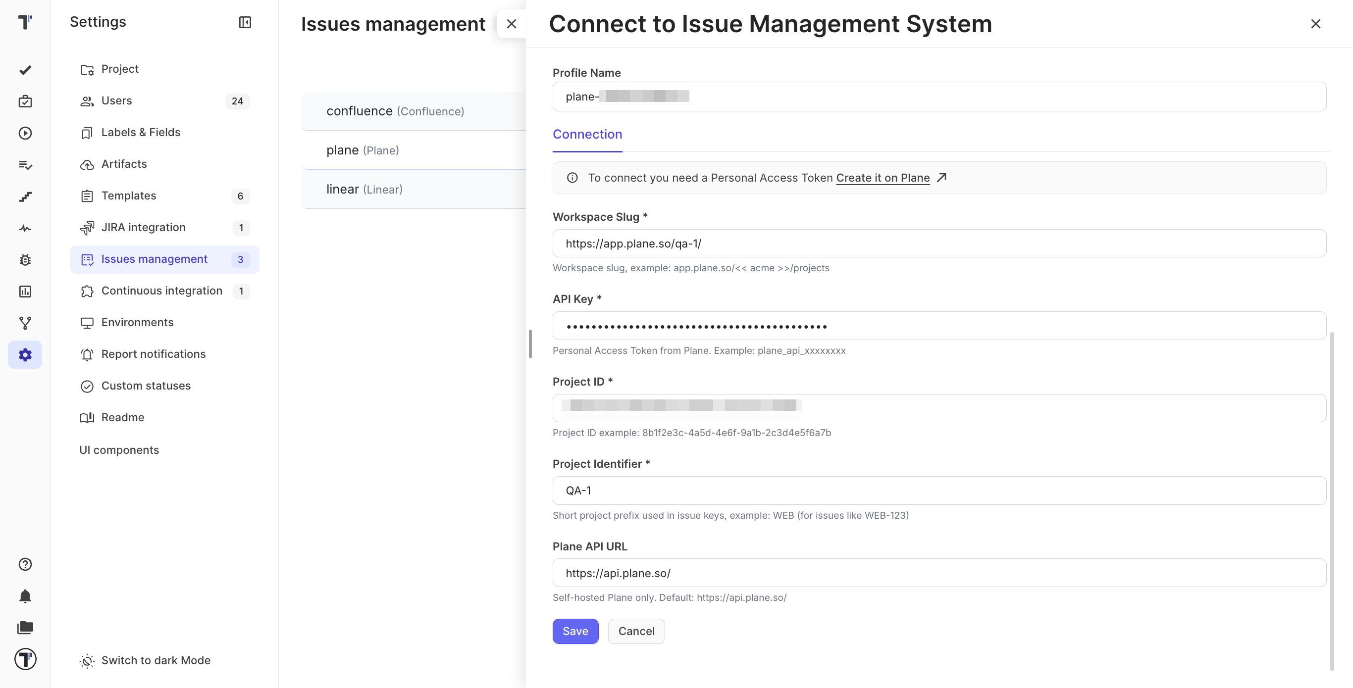 Plane connection form with the workspace slug, project ID, and project identifier filled in