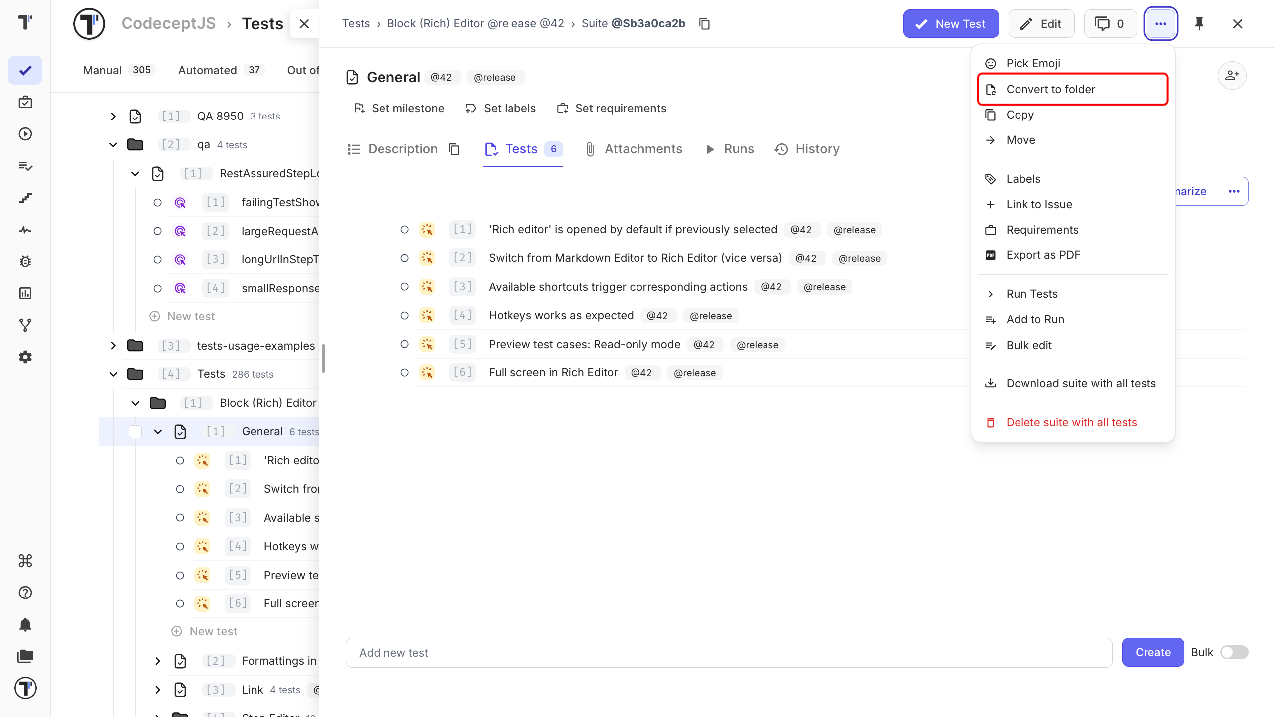 The Convert to folder option in the suite extra menu