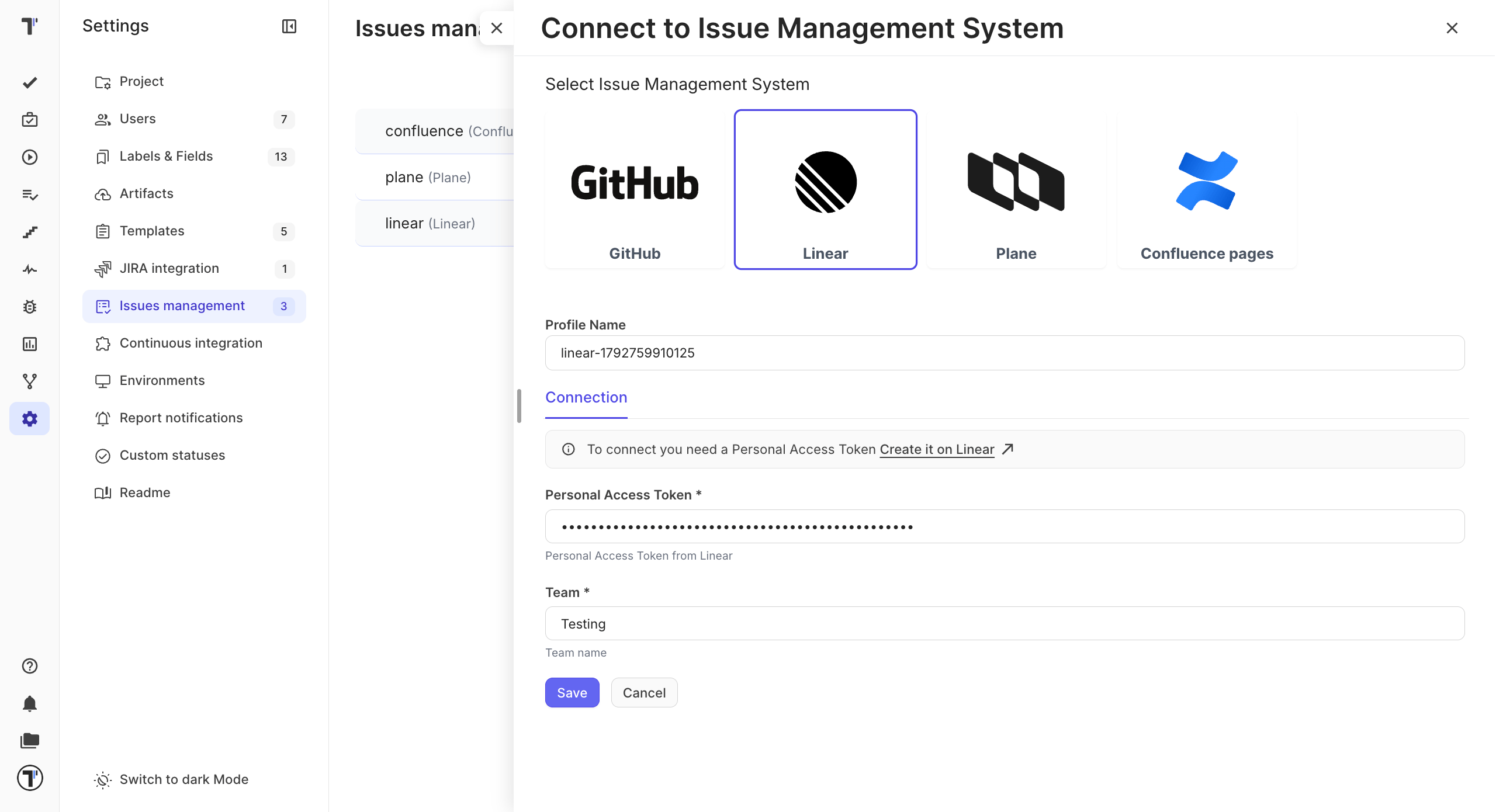 The Linear connection form with Profile Name, Personal Access Token, and Team