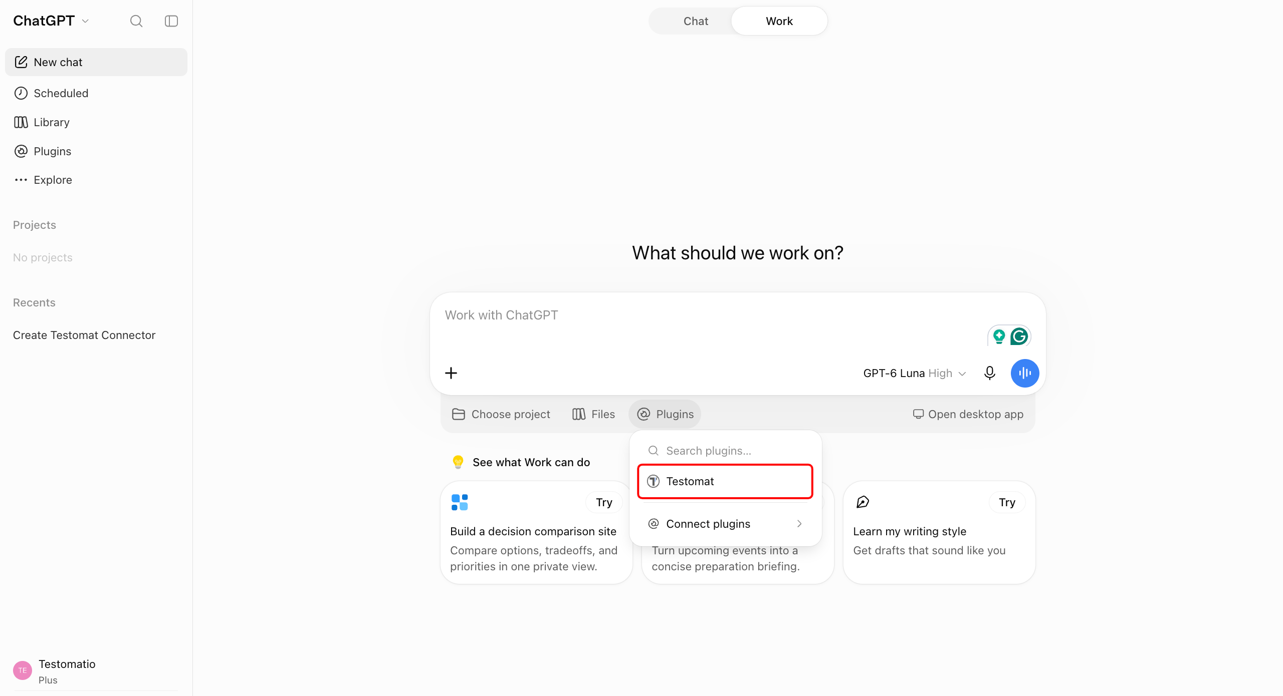 The Plugins menu below the ChatGPT message box with Testomat selected