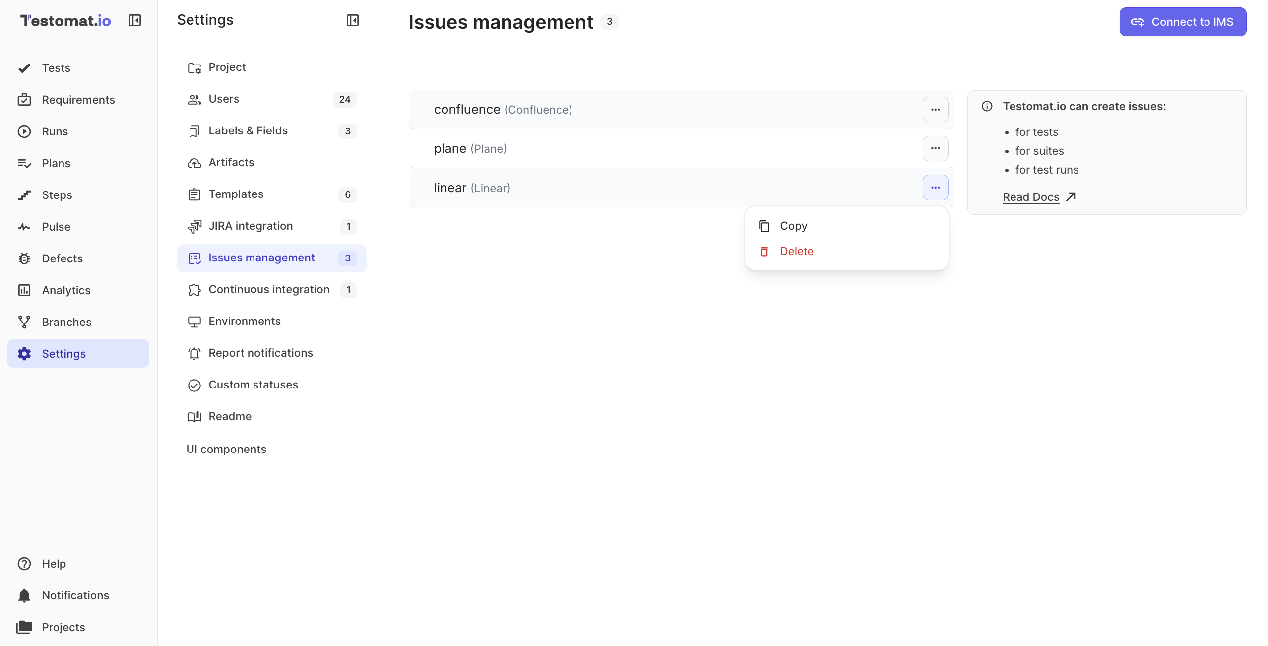 The Linear profile on the Issues management page with the Copy and Delete options