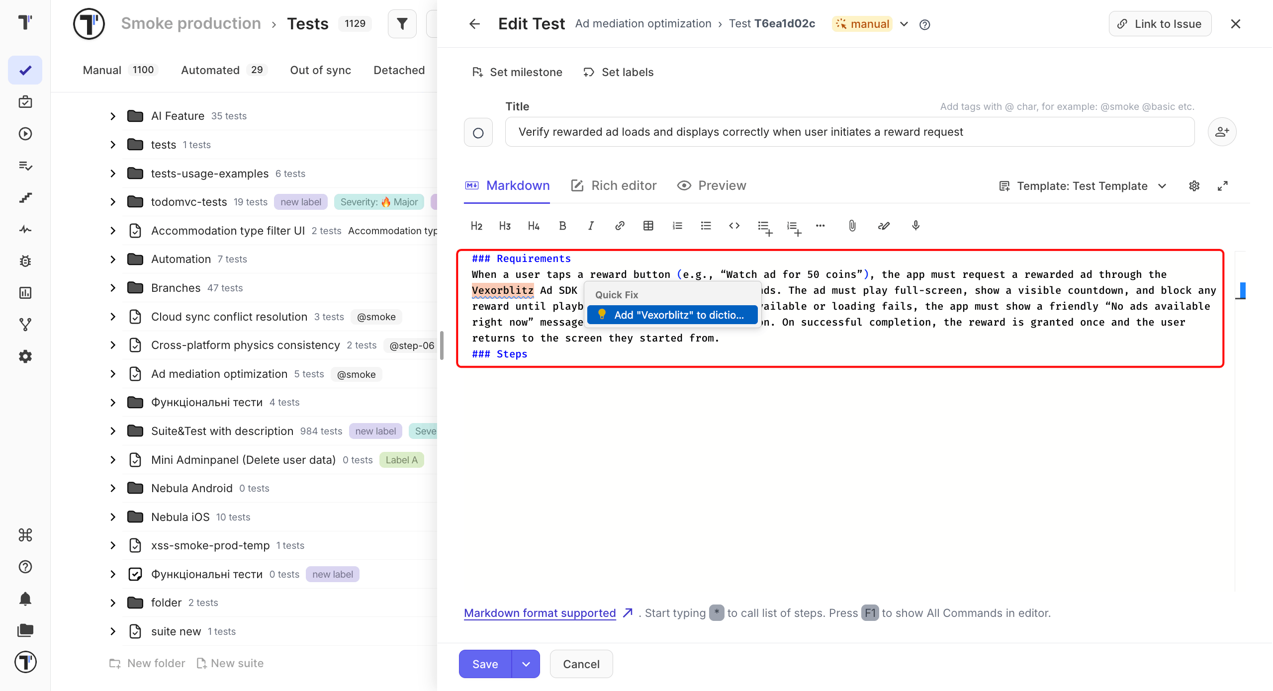 The Quick Fix list on an underlined word in the test editor