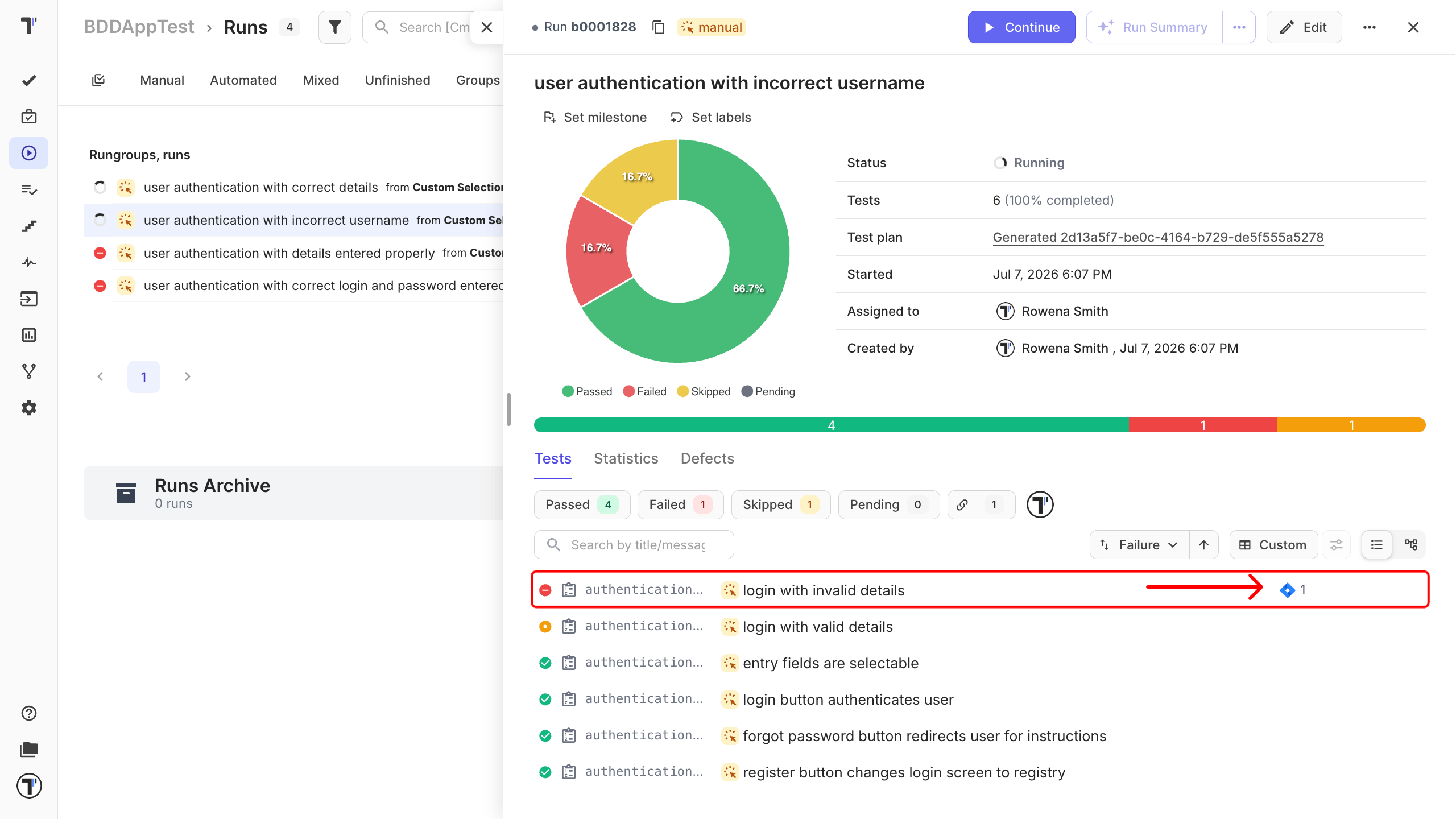 Run view with the defect reported in Jira