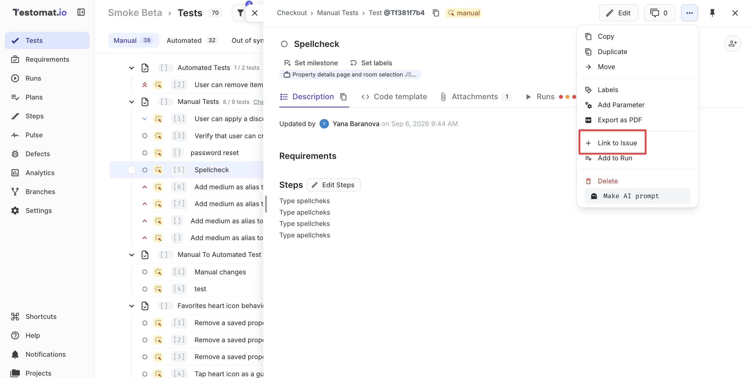 The test menu with Link to Issue