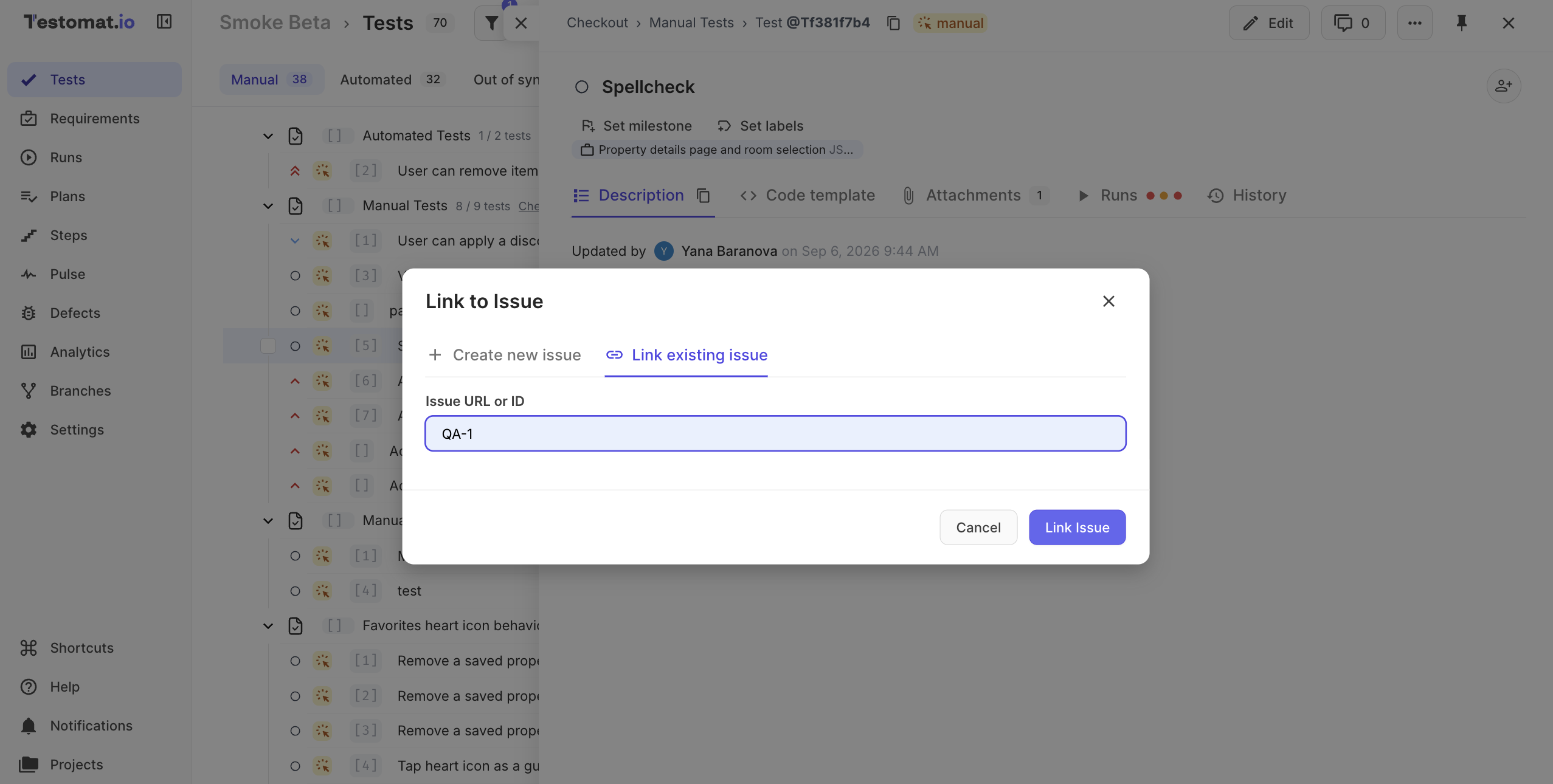 The Link existing issue tab with a Linear key in the Issue URL or ID field