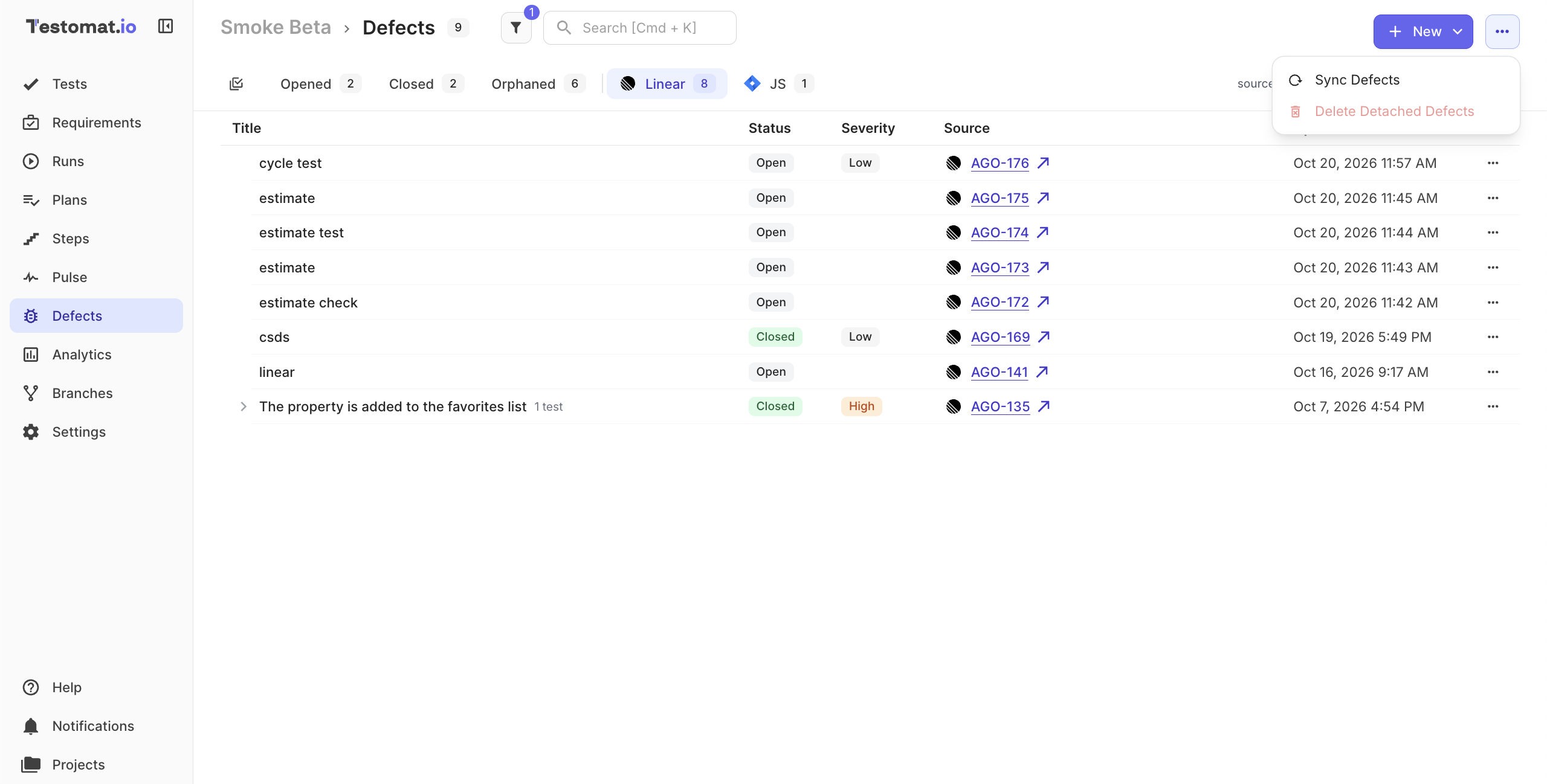 The Defects page with the Linear tab open and the Sync Defects option