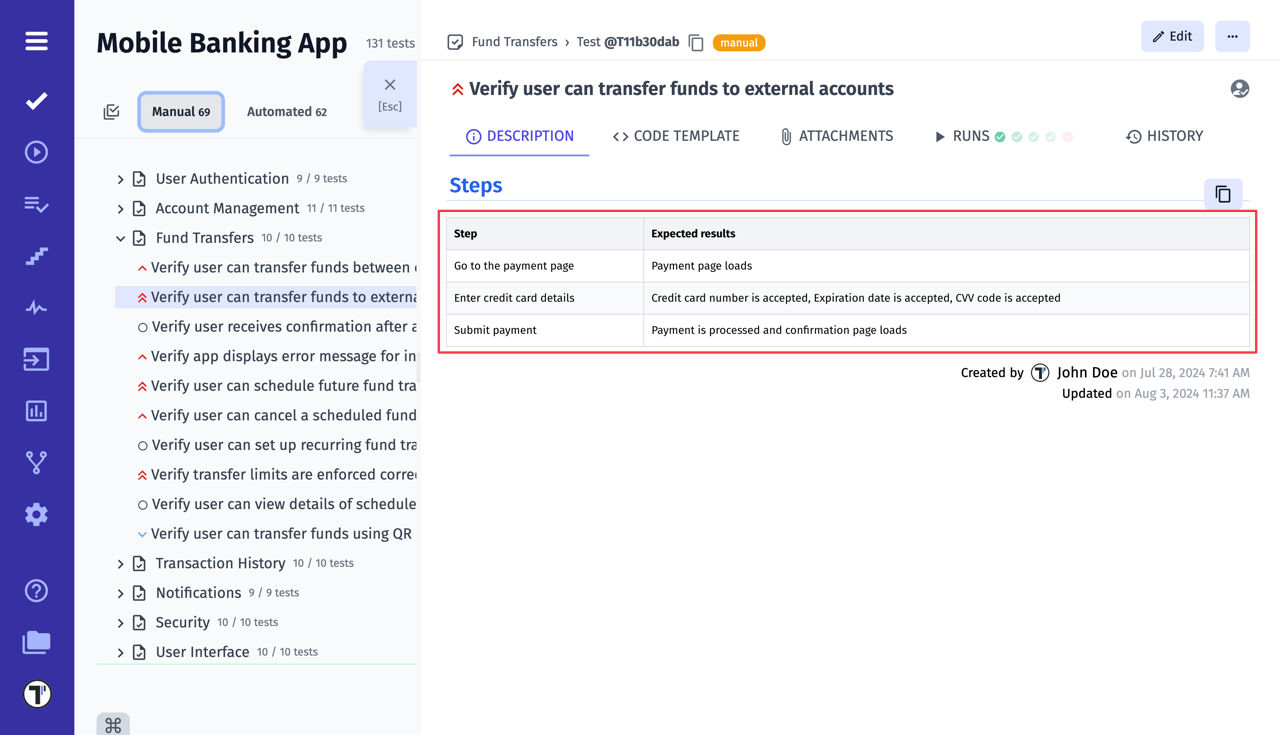 Testomat.io - Table inside test case description