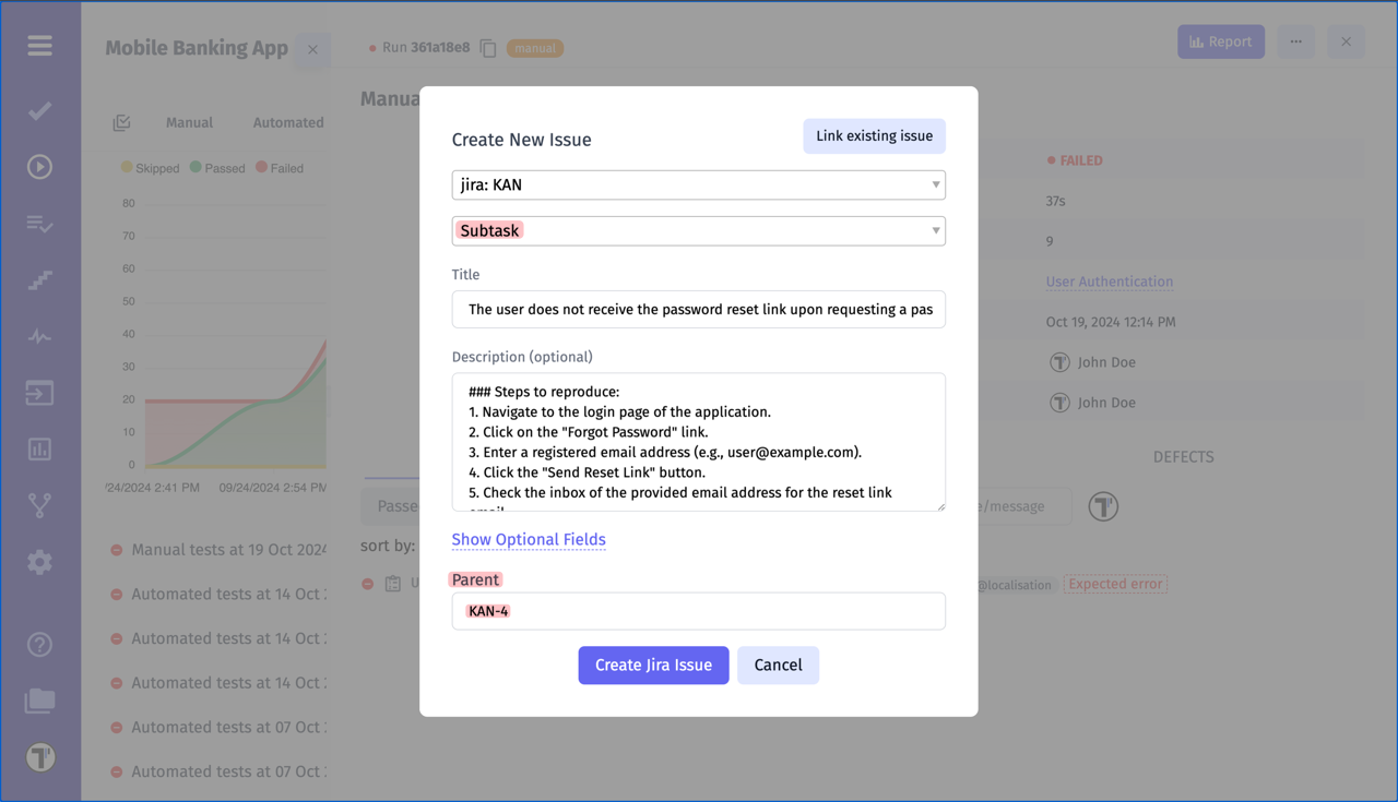 Testomatio.io - Creating JIRA Issue as Subtask