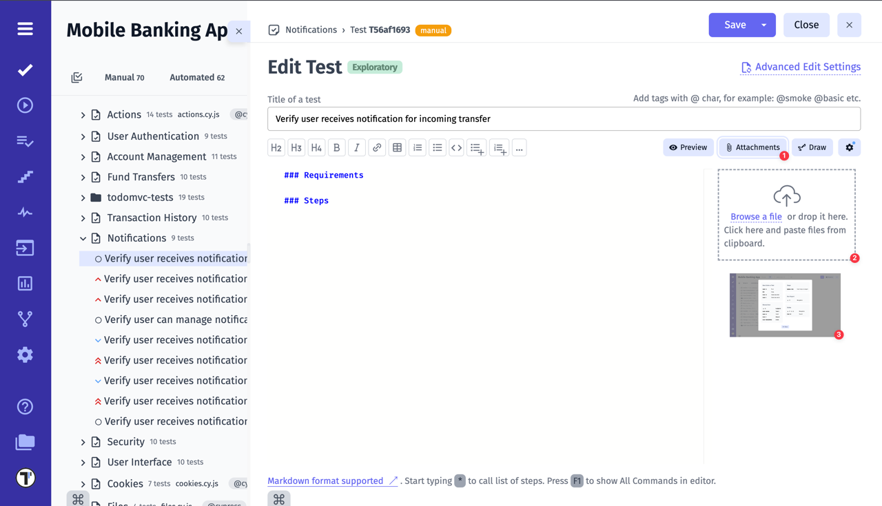 Testomatio.io - Insert attachment in a test description