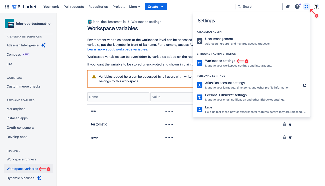 Testomat.io - Bitbucket Workspace Variables