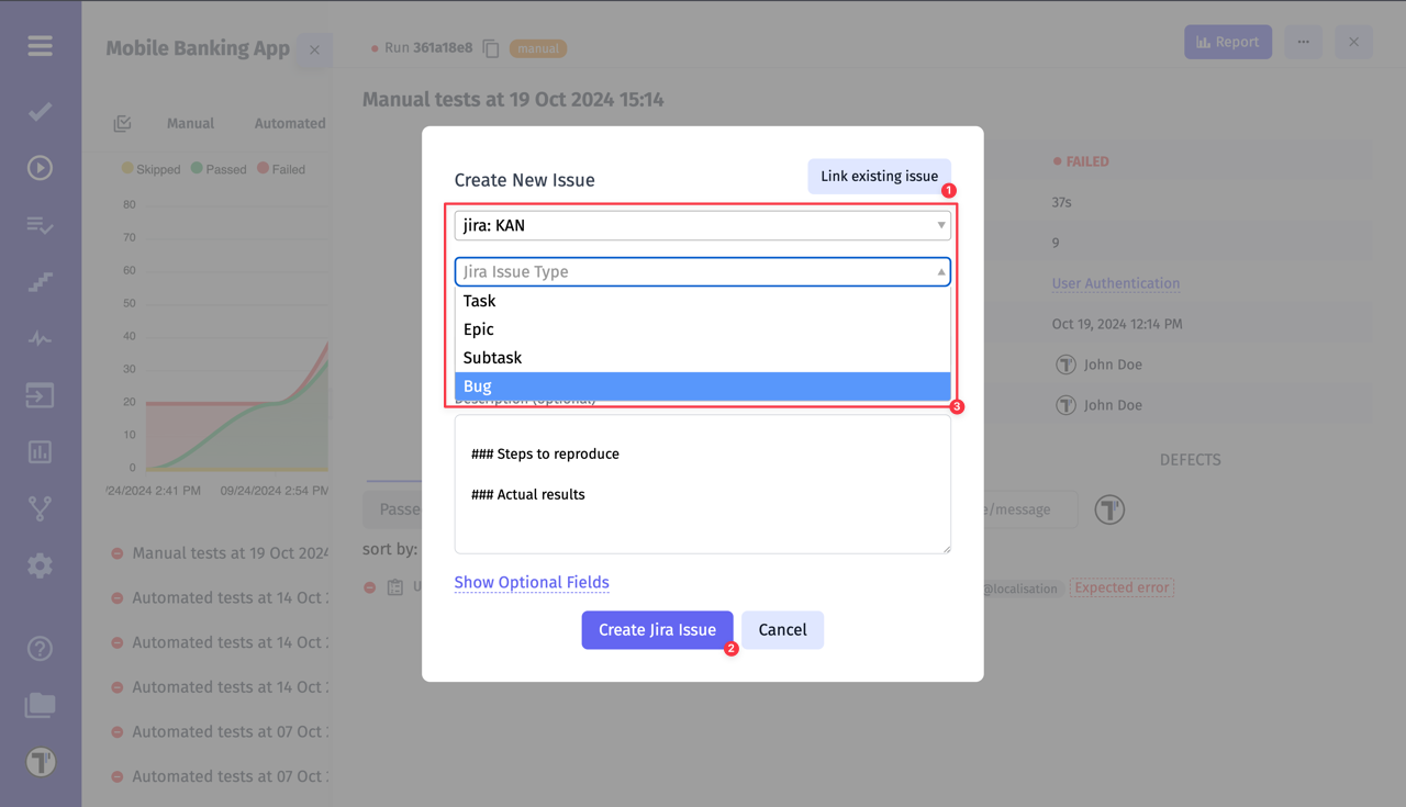 Testomatio.io - Link Failed Test to existing issue or create a new one