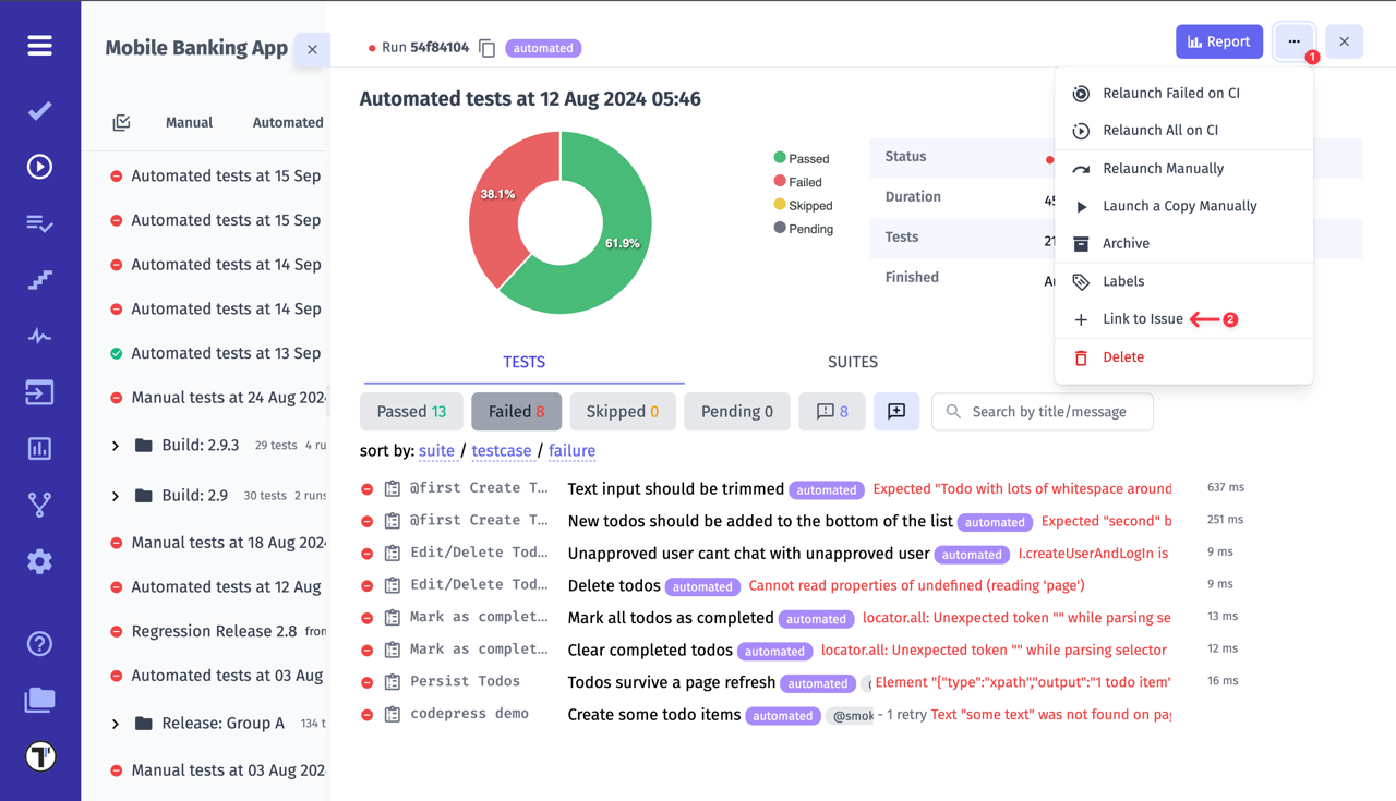 Testomatio.io - Creating JIRA Issue for Failed Run